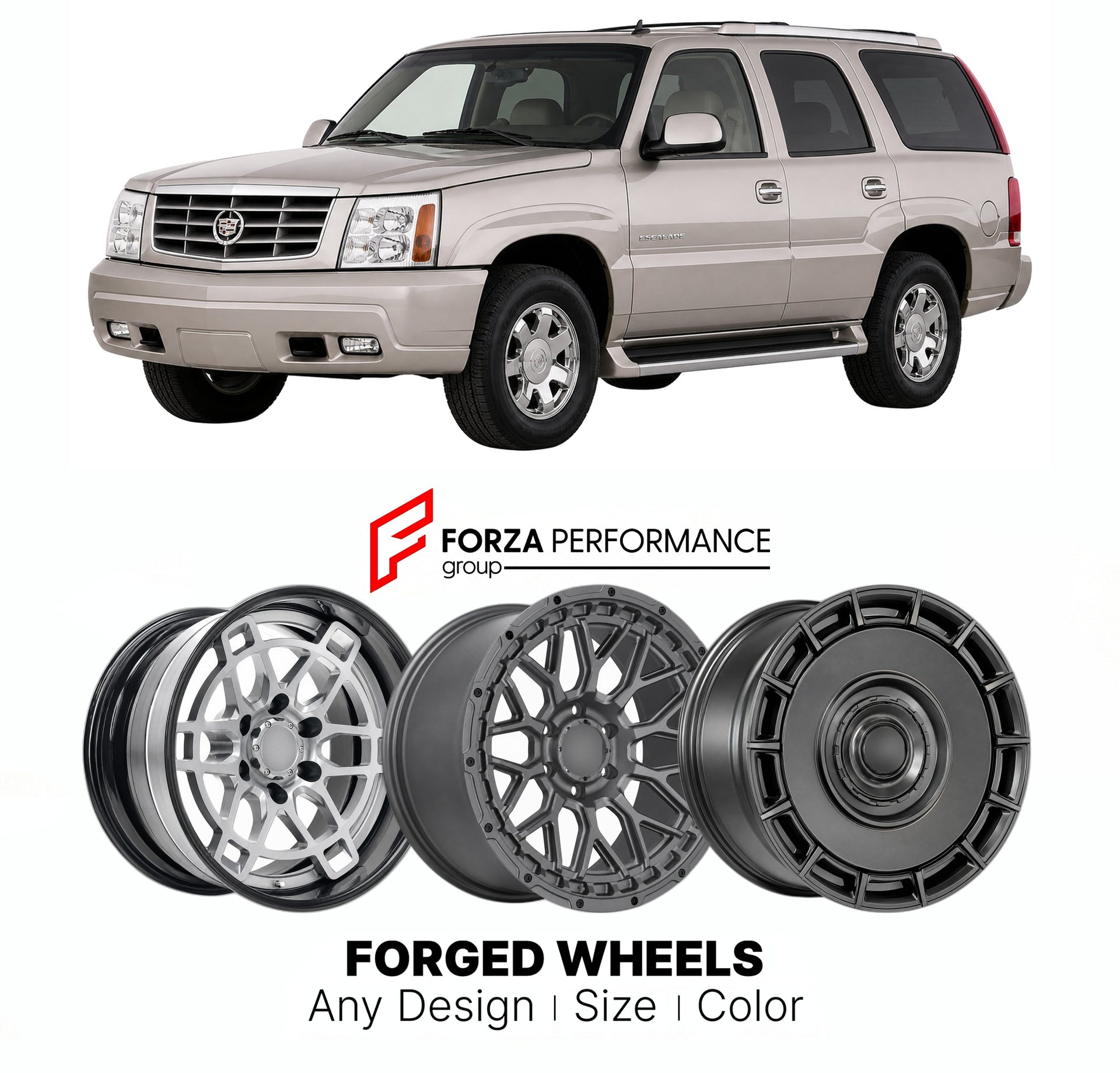 FORGED WHEELS RIMS for CADILLAC ESCALADE SPORT 1999+

Custom forged wheels for Cadillac Escalade Sport 1999+. Made-to-order monoblock, 2-piece and 3-piece rims in custom sizes, offsets, colors and finishes with guaranteed fitment.

We manufacture premium quality forged wheels rims for Cadillac Escalade Sport 1999+ in any design, size, color.

THIS WHEEL DESIGN CAN BE CUSTOM-MADE FOR YOUR CAR IN ANY SIZE AND COLOR OPTIONS
Available in monoblock, 2-piece, 3-piece, duoblock, beadlock
3D wheel renderings are pr