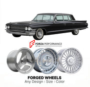 CUSTOM CLASSIC VINTAGE RESTOMOD RETRO OLD SCHOOL FORGED WHEELS RIMS for CADILLAC FLEETWOOD 1961 - 1964
Custom forged wheels for classic American muscle cars. Ideal for restomod builds, vintage restorations, and show cars. Deep dish and retro styling available.

We manufacture premium quality forged wheels rims for Cadillac Fleetwood 1961 - 1964 in any design, size, color.

THIS WHEEL DESIGN CAN BE CUSTOM-MADE FOR YOUR CAR IN ANY SIZE AND COLOR OPTIONS
Available in monoblock, 2-piece, 3-piece, duoblock, bead