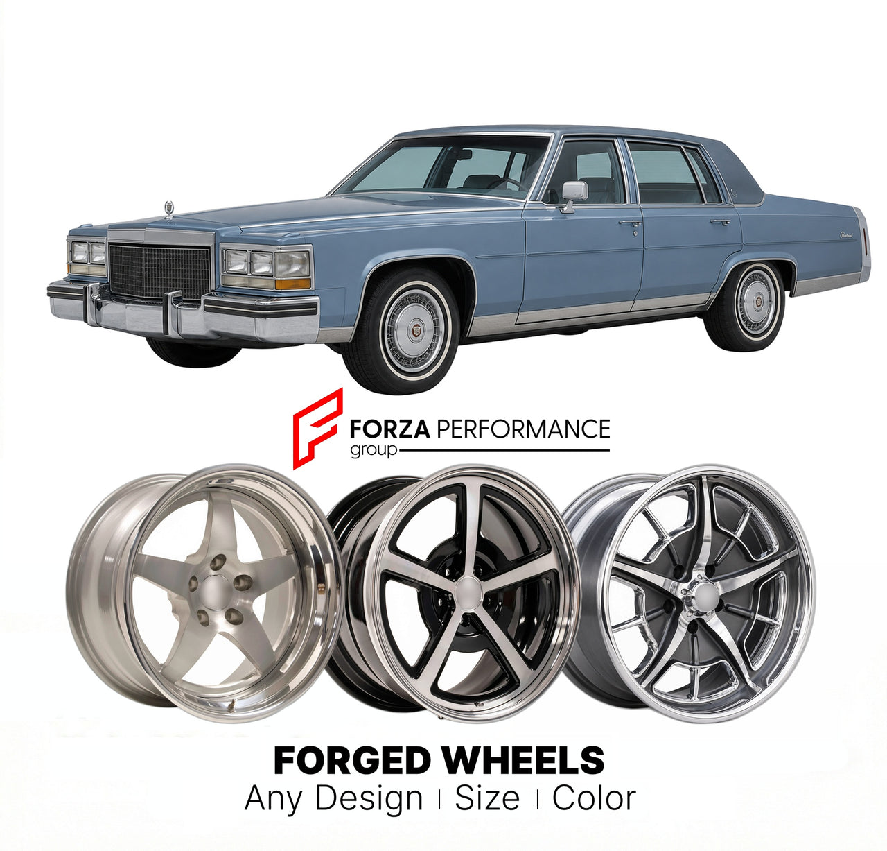 CUSTOM CLASSIC VINTAGE RESTOMOD RETRO OLD SCHOOL FORGED WHEELS RIMS for CADILLAC FLEETWOOD 1977 - 1984
Custom forged wheels for classic American muscle cars. Ideal for restomod builds, vintage restorations, and show cars. Deep dish and retro styling available.

We manufacture premium quality forged wheels rims for Cadillac Fleetwood 1977 - 1984 in any design, size, color.

THIS WHEEL DESIGN CAN BE CUSTOM-MADE FOR YOUR CAR IN ANY SIZE AND COLOR OPTIONS
Available in monoblock, 2-piece, 3-piece, duoblock, bead