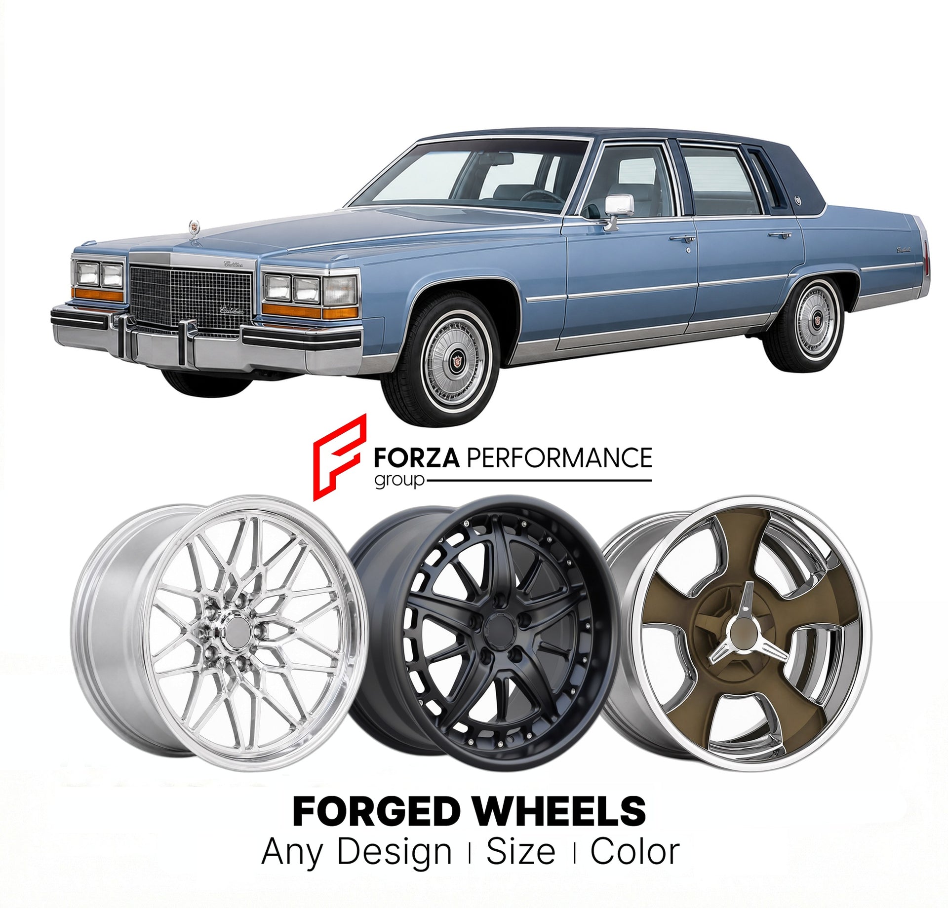 CUSTOM CLASSIC VINTAGE RESTOMOD RETRO OLD SCHOOL FORGED WHEELS RIMS for CADILLAC FLEETWOOD 1985 - 1990
Custom forged wheels for classic American muscle cars. Ideal for restomod builds, vintage restorations, and show cars. Deep dish and retro styling available.

We manufacture premium quality forged wheels rims for Cadillac Fleetwood 1985 - 1990 in any design, size, color.

THIS WHEEL DESIGN CAN BE CUSTOM-MADE FOR YOUR CAR IN ANY SIZE AND COLOR OPTIONS
Available in monoblock, 2-piece, 3-piece, duoblock, bead