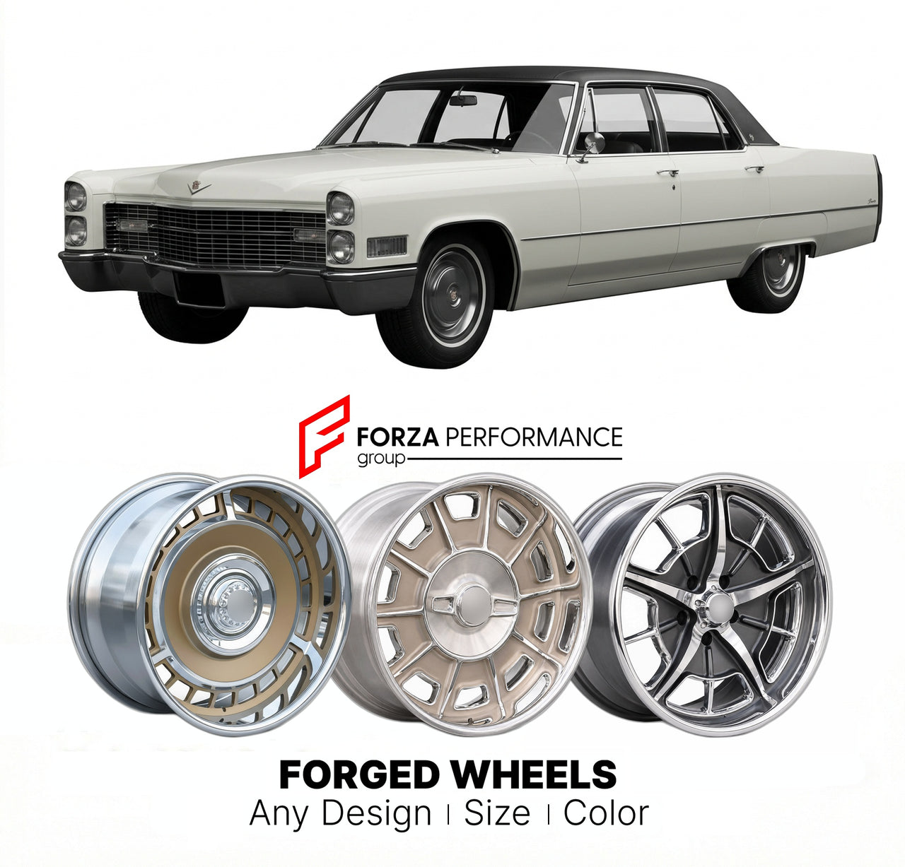CUSTOM CLASSIC VINTAGE RESTOMOD RETRO OLD SCHOOL FORGED WHEELS RIMS for CADILLAC FLEETWOOD BROUGHAM 1966 - 1970
Custom forged wheels for classic American muscle cars. Ideal for restomod builds, vintage restorations, and show cars. Deep dish and retro styling available.

We manufacture premium quality forged wheels rims for Cadillac Fleetwood Brougham 1966 - 1970 in any design, size, color.

THIS WHEEL DESIGN CAN BE CUSTOM-MADE FOR YOUR CAR IN ANY SIZE AND COLOR OPTIONS
Available in monoblock, 2-piece, 3-pie