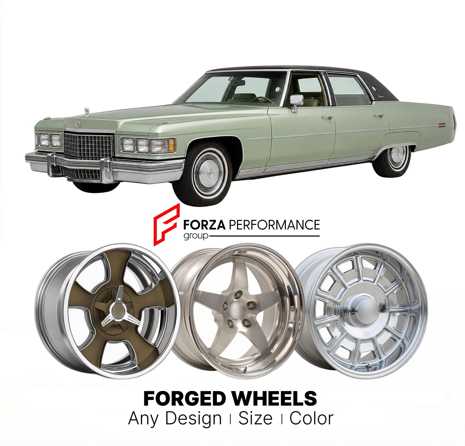 CUSTOM CLASSIC VINTAGE RESTOMOD RETRO OLD SCHOOL FORGED WHEELS RIMS for CADILLAC FLEETWOOD BROUGHAM 1971 - 1976
Custom forged wheels for classic American muscle cars. Ideal for restomod builds, vintage restorations, and show cars. Deep dish and retro styling available.

We manufacture premium quality forged wheels rims for Cadillac Fleetwood Brougham 1971 - 1976 in any design, size, color.

THIS WHEEL DESIGN CAN BE CUSTOM-MADE FOR YOUR CAR IN ANY SIZE AND COLOR OPTIONS
Available in monoblock, 2-piece, 3-pie