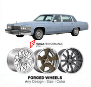 CUSTOM CLASSIC VINTAGE RESTOMOD RETRO OLD SCHOOL FORGED WHEELS RIMS for CADILLAC FLEETWOOD BROUGHAM 1977 - 1984
Custom forged wheels for classic American muscle cars. Ideal for restomod builds, vintage restorations, and show cars. Deep dish and retro styling available.

We manufacture premium quality forged wheels rims for Cadillac Fleetwood Brougham 1977 - 1984 in any design, size, color.

THIS WHEEL DESIGN CAN BE CUSTOM-MADE FOR YOUR CAR IN ANY SIZE AND COLOR OPTIONS
Available in monoblock, 2-piece, 3-pie