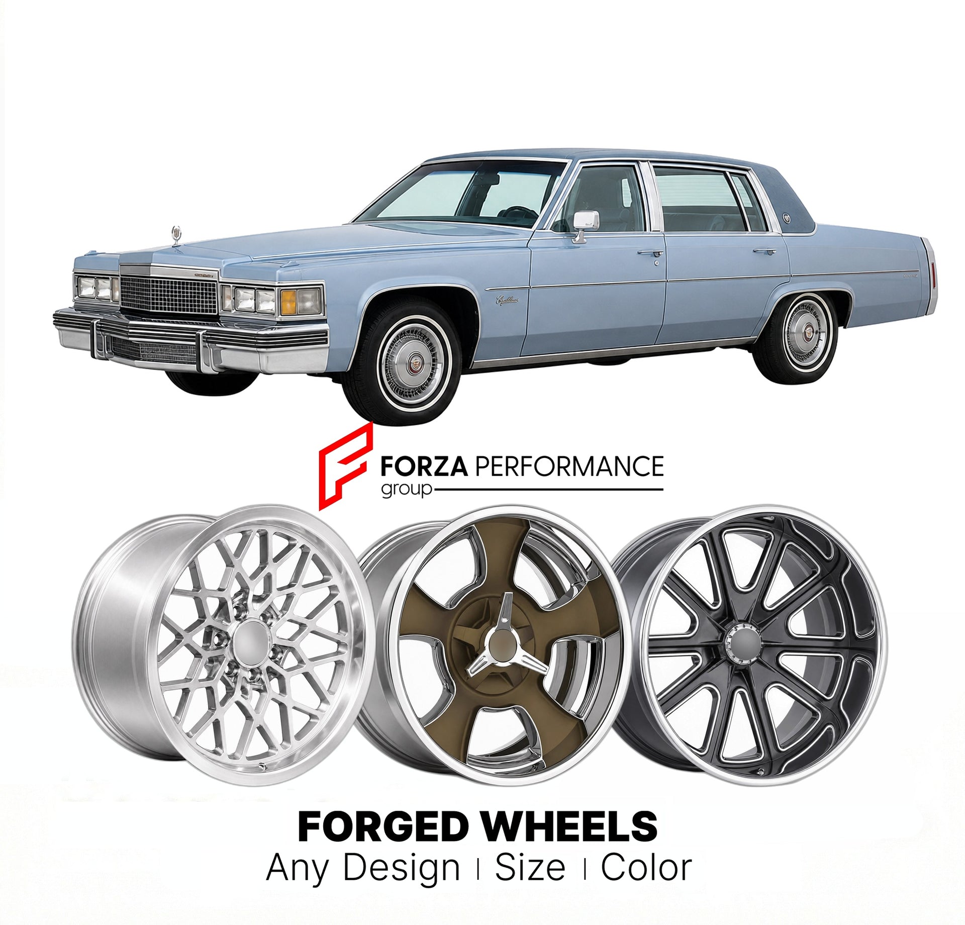 CUSTOM CLASSIC VINTAGE RESTOMOD RETRO OLD SCHOOL FORGED WHEELS RIMS for CADILLAC FLEETWOOD BROUGHAM 1977 - 1984
Custom forged wheels for classic American muscle cars. Ideal for restomod builds, vintage restorations, and show cars. Deep dish and retro styling available.

We manufacture premium quality forged wheels rims for Cadillac Fleetwood Brougham 1977 - 1984 in any design, size, color.

THIS WHEEL DESIGN CAN BE CUSTOM-MADE FOR YOUR CAR IN ANY SIZE AND COLOR OPTIONS
Available in monoblock, 2-piece, 3-pie