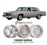 CUSTOM CLASSIC VINTAGE RESTOMOD RETRO OLD SCHOOL FORGED WHEELS RIMS for CADILLAC FLEETWOOD BROUGHAM 1985 - 1990
Custom forged wheels for classic American muscle cars. Ideal for restomod builds, vintage restorations, and show cars. Deep dish and retro styling available.

We manufacture premium quality forged wheels rims for Cadillac Fleetwood Brougham 1985 - 1990 in any design, size, color.

THIS WHEEL DESIGN CAN BE CUSTOM-MADE FOR YOUR CAR IN ANY SIZE AND COLOR OPTIONS
Available in monoblock, 2-piece, 3-pie