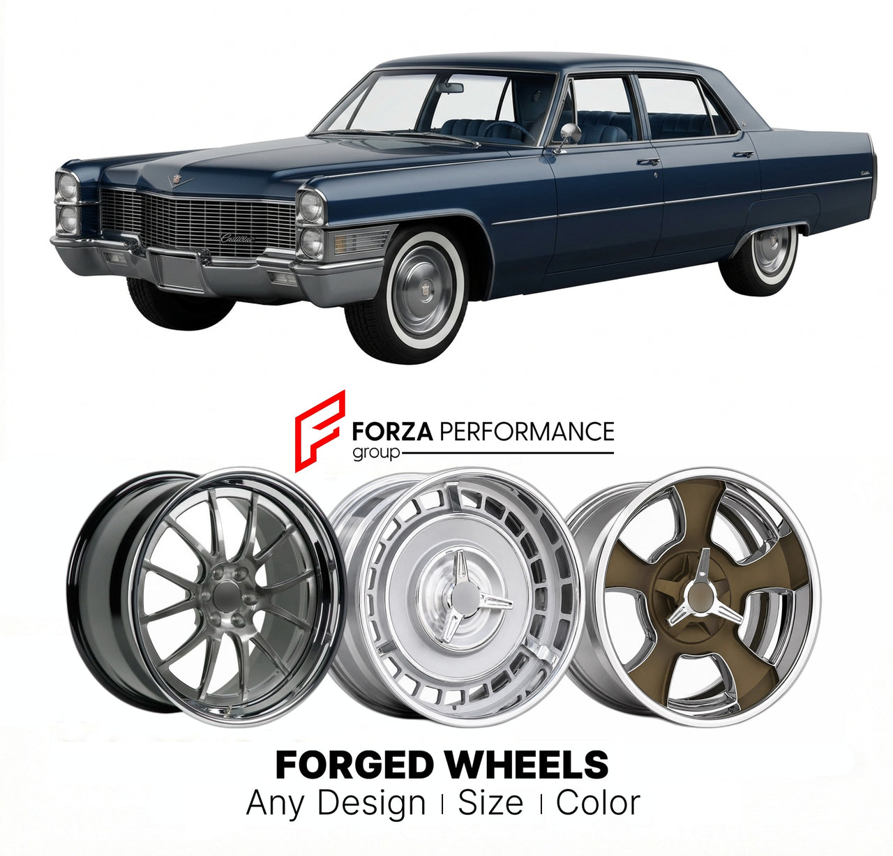 CUSTOM CLASSIC VINTAGE RESTOMOD RETRO OLD SCHOOL FORGED WHEELS RIMS for CADILLAC FLEETWOOD SEVENTY-FIVE 1965 - 1970
Custom forged wheels for classic American muscle cars. Ideal for restomod builds, vintage restorations, and show cars. Deep dish and retro styling available.

We manufacture premium quality forged wheels rims for Cadillac Fleetwood Seventy-Five 1965 - 1970 in any design, size, color.

THIS WHEEL DESIGN CAN BE CUSTOM-MADE FOR YOUR CAR IN ANY SIZE AND COLOR OPTIONS
Available in monoblock, 2-piec