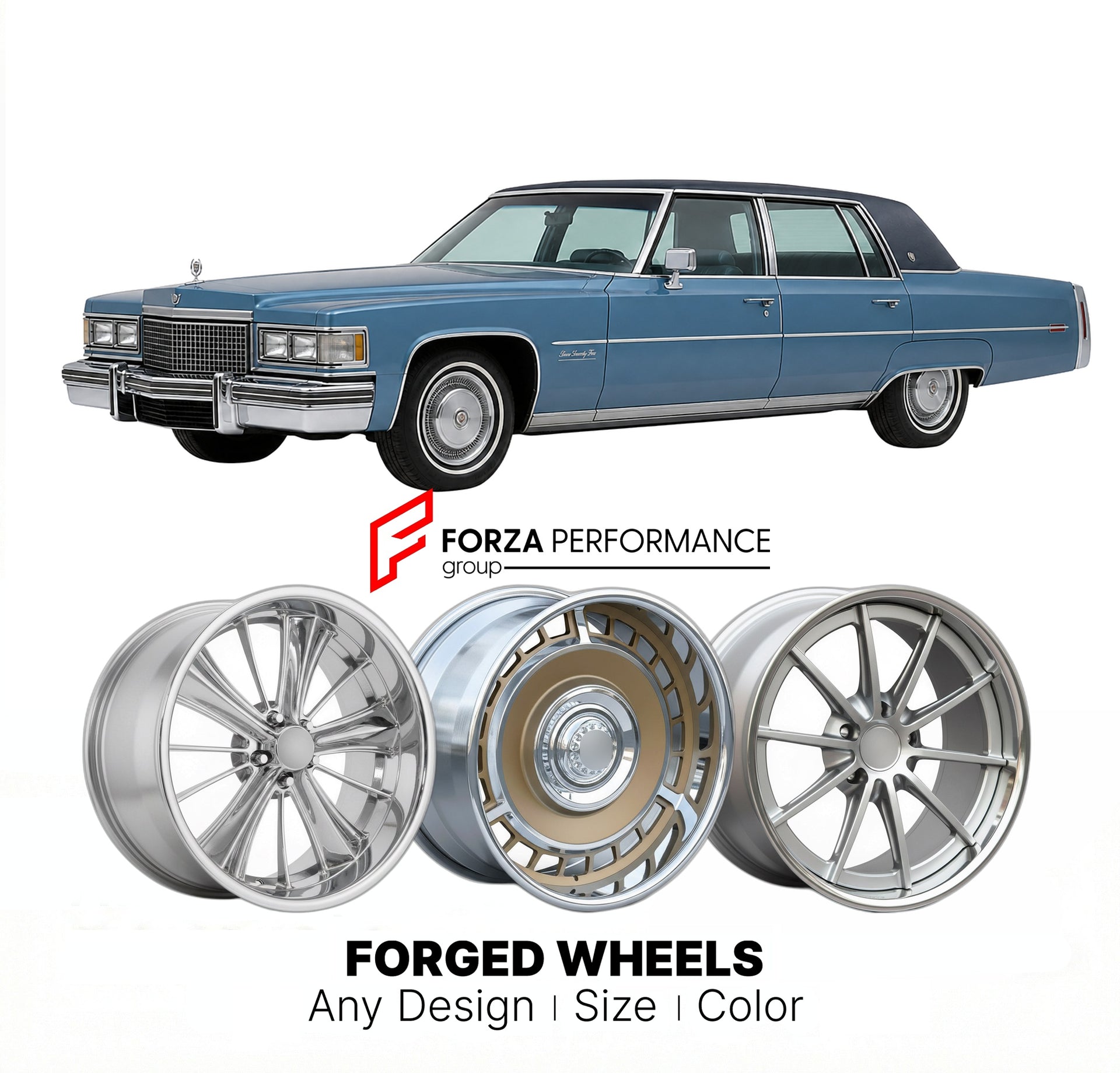 CUSTOM CLASSIC VINTAGE RESTOMOD RETRO OLD SCHOOL FORGED WHEELS RIMS for CADILLAC FLEETWOOD SEVENTY-FIVE 1977 - 1984
Custom forged wheels for classic American muscle cars. Ideal for restomod builds, vintage restorations, and show cars. Deep dish and retro styling available.

We manufacture premium quality forged wheels rims for Cadillac Fleetwood Seventy-Five 1977 - 1984 in any design, size, color.

THIS WHEEL DESIGN CAN BE CUSTOM-MADE FOR YOUR CAR IN ANY SIZE AND COLOR OPTIONS
Available in monoblock, 2-piec