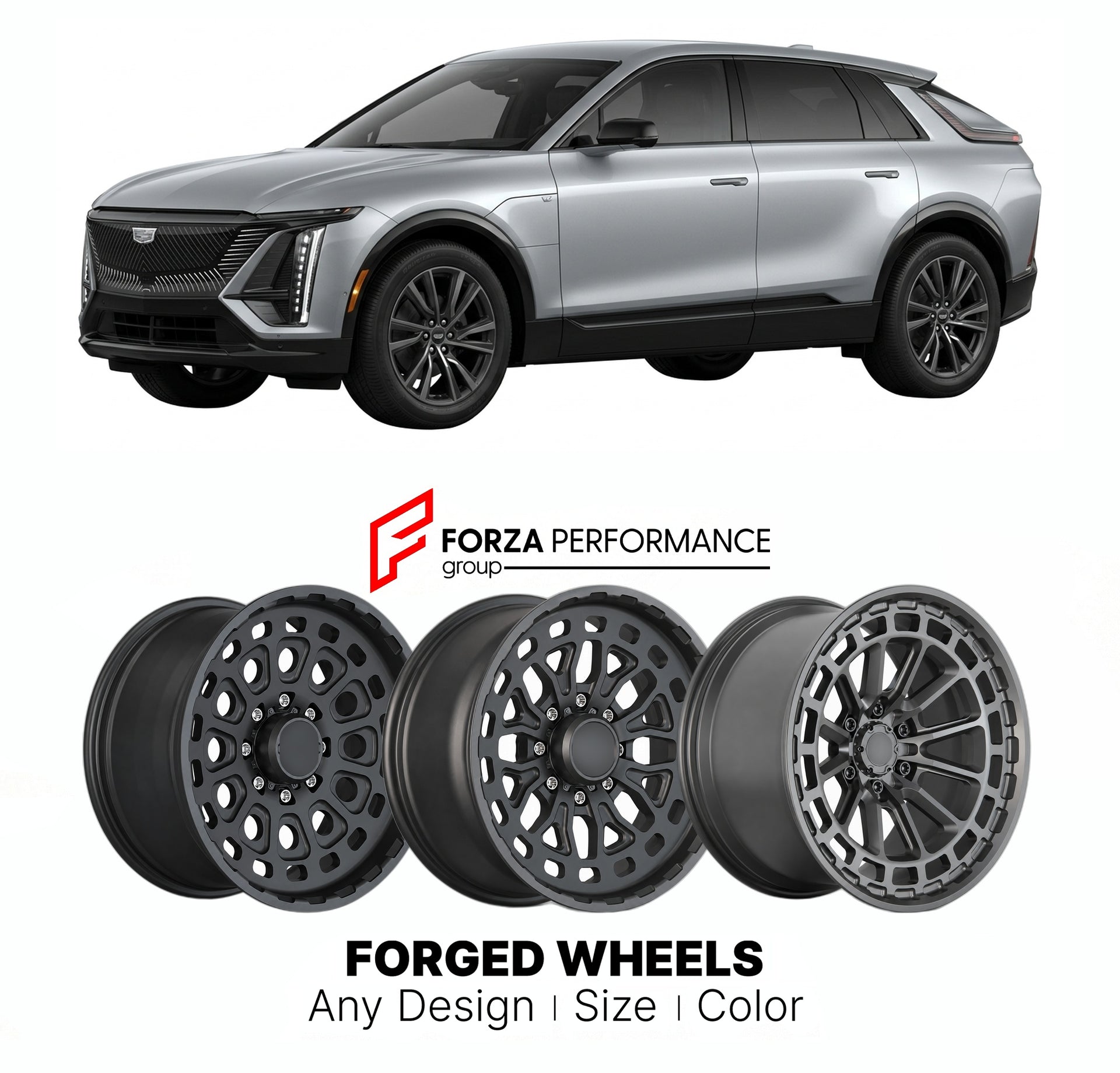 FORGED WHEELS RIMS for CADILLAC LYRIQ 2023+

Custom forged wheels for Cadillac Lyriq 2023+. Made-to-order monoblock, 2-piece and 3-piece rims in custom sizes, offsets, colors and finishes with guaranteed fitment.

We manufacture premium quality forged wheels rims for Cadillac Lyriq 2023+ in any design, size, color.

THIS WHEEL DESIGN CAN BE CUSTOM-MADE FOR YOUR CAR IN ANY SIZE AND COLOR OPTIONS
Available in monoblock, 2-piece, 3-piece, duoblock, beadlock
3D wheel renderings are provided according to the exa