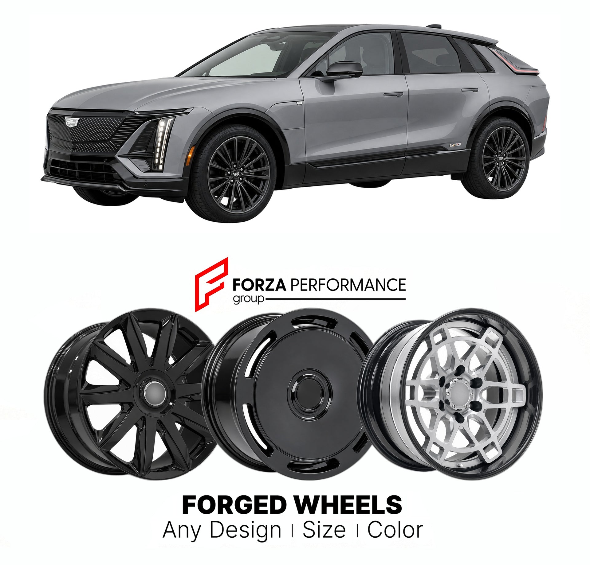 FORGED WHEELS RIMS for CADILLAC LYRIQ V-SERIES 2023+

Custom forged wheels for Cadillac Lyriq V-Series 2023+. Made-to-order monoblock, 2-piece and 3-piece rims in custom sizes, offsets, colors and finishes with guaranteed fitment.

We manufacture premium quality forged wheels rims for Cadillac Lyriq V-Series 2023+ in any design, size, color.

THIS WHEEL DESIGN CAN BE CUSTOM-MADE FOR YOUR CAR IN ANY SIZE AND COLOR OPTIONS
Available in monoblock, 2-piece, 3-piece, duoblock, beadlock
3D wheel renderings are pr