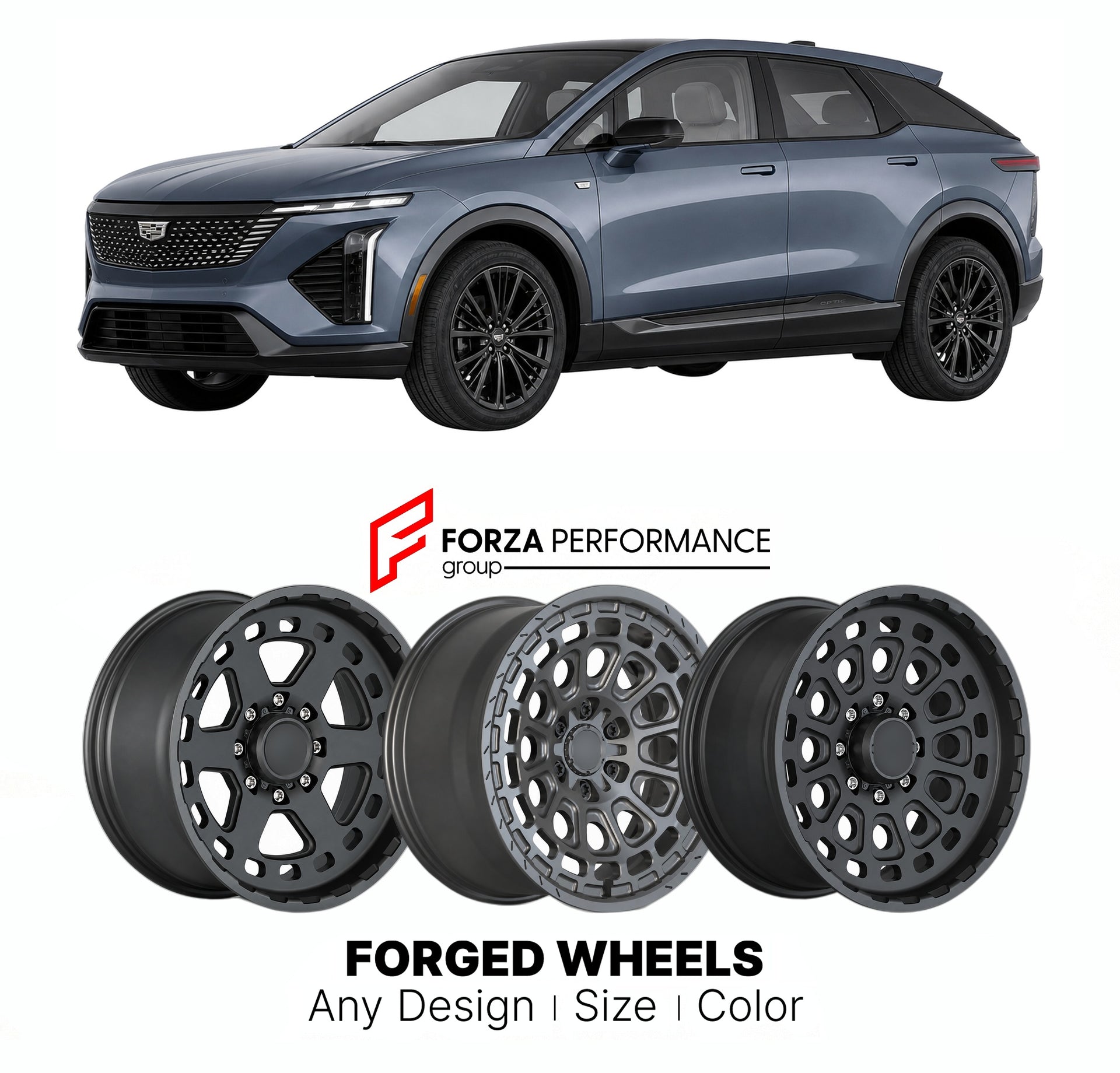FORGED WHEELS RIMS for CADILLAC OPTIQ SPORT 2025+

Custom forged wheels for Cadillac Optiq Sport 2025+. Made-to-order monoblock, 2-piece and 3-piece rims in custom sizes, offsets, colors and finishes with guaranteed fitment.

We manufacture premium quality forged wheels rims for Cadillac Optiq Sport 2025+ in any design, size, color.

THIS WHEEL DESIGN CAN BE CUSTOM-MADE FOR YOUR CAR IN ANY SIZE AND COLOR OPTIONS
Available in monoblock, 2-piece, 3-piece, duoblock, beadlock
3D wheel renderings are provided ac