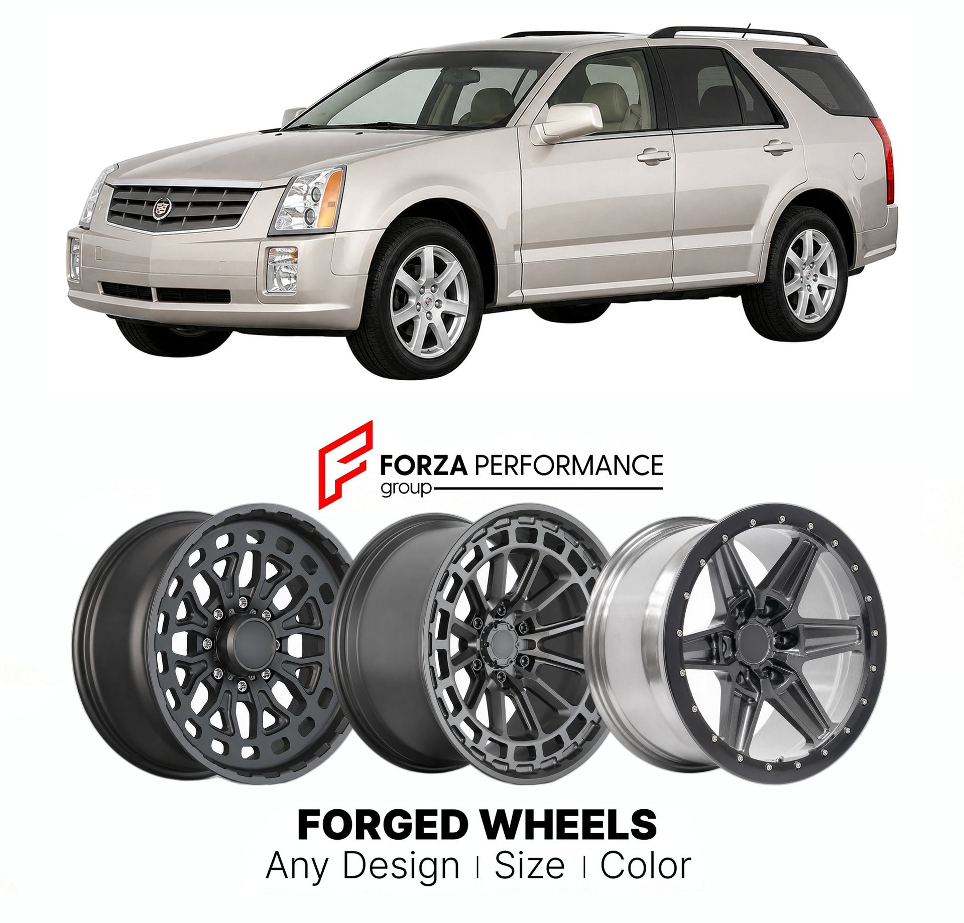 FORGED WHEELS RIMS for CADILLAC SRX GMT265 2004 - 2009

Custom forged wheels for Cadillac SRX GMT265 2004 - 2009. Made-to-order monoblock, 2-piece and 3-piece rims in custom sizes, offsets, colors and finishes with guaranteed fitment.

We manufacture premium quality forged wheels rims for Cadillac SRX GMT265 2004 - 2009 in any design, size, color.

THIS WHEEL DESIGN CAN BE CUSTOM-MADE FOR YOUR CAR IN ANY SIZE AND COLOR OPTIONS
Available in monoblock, 2-piece, 3-piece, duoblock, beadlock
3D wheel renderings 