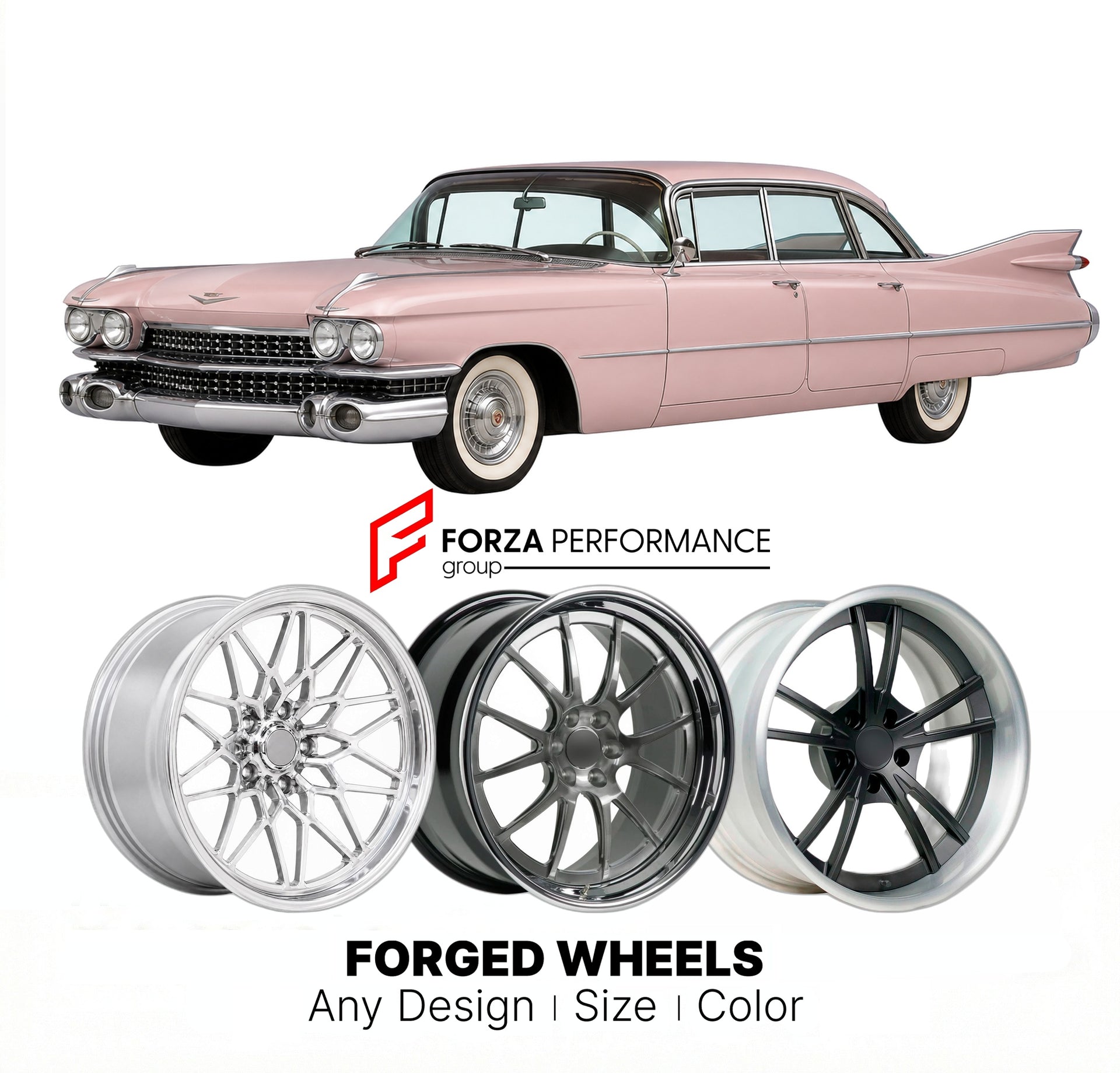CUSTOM CLASSIC VINTAGE RESTOMOD RETRO OLD SCHOOL FORGED WHEELS RIMS for CADILLAC SEDAN DE VILLE 1959 - 1960
Custom forged wheels for classic American muscle cars. Ideal for restomod builds, vintage restorations, and show cars. Deep dish and retro styling available.

We manufacture premium quality forged wheels rims for Cadillac Sedan de Ville 1959 - 1960 in any design, size, color.

THIS WHEEL DESIGN CAN BE CUSTOM-MADE FOR YOUR CAR IN ANY SIZE AND COLOR OPTIONS
Available in monoblock, 2-piece, 3-piece, duob