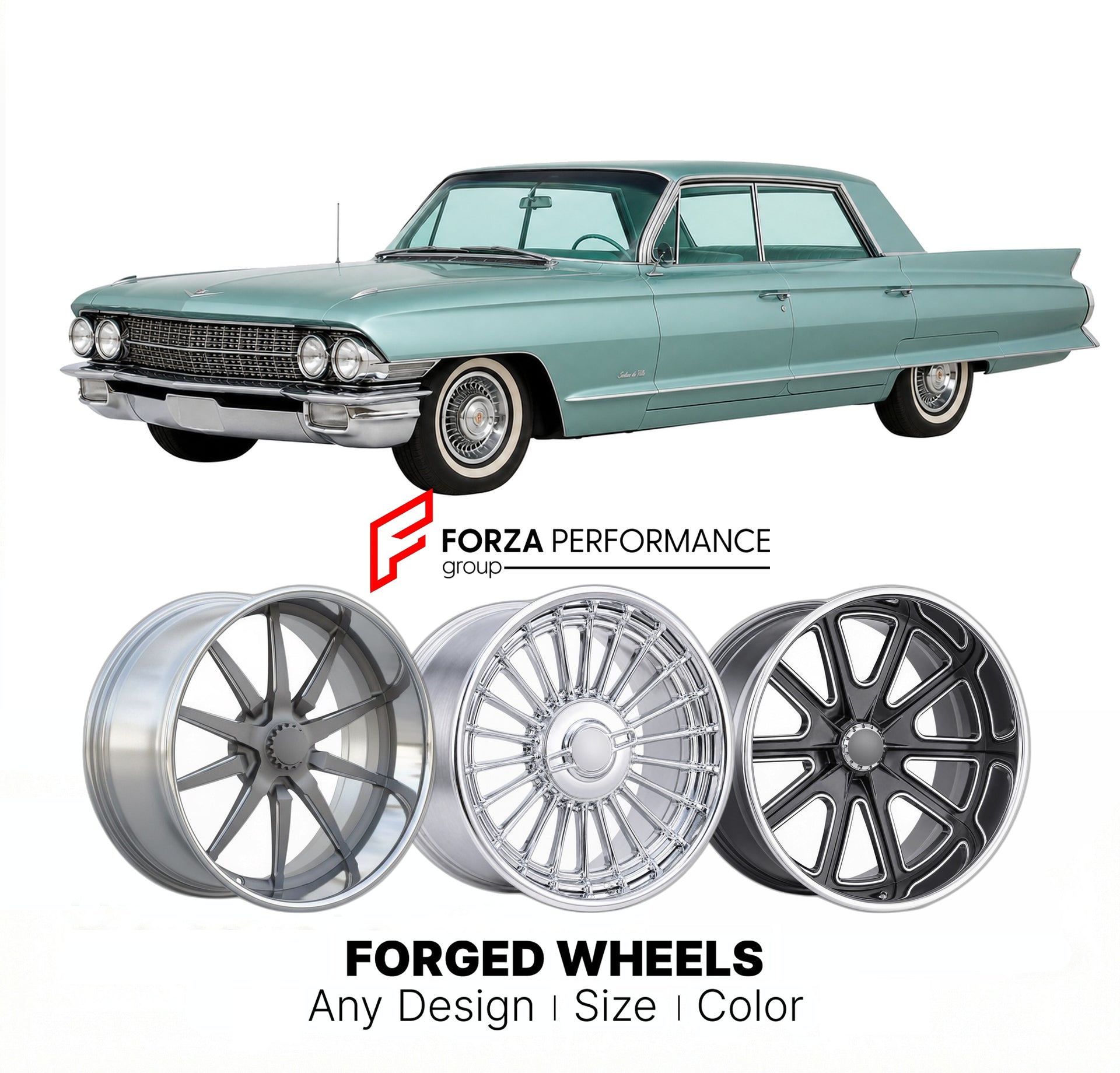 CUSTOM CLASSIC VINTAGE RESTOMOD RETRO OLD SCHOOL FORGED WHEELS RIMS for CADILLAC SEDAN DE VILLE 1961 - 1964
Custom forged wheels for classic American muscle cars. Ideal for restomod builds, vintage restorations, and show cars. Deep dish and retro styling available.

We manufacture premium quality forged wheels rims for Cadillac Sedan de Ville 1961 - 1964 in any design, size, color.

THIS WHEEL DESIGN CAN BE CUSTOM-MADE FOR YOUR CAR IN ANY SIZE AND COLOR OPTIONS
Available in monoblock, 2-piece, 3-piece, duob