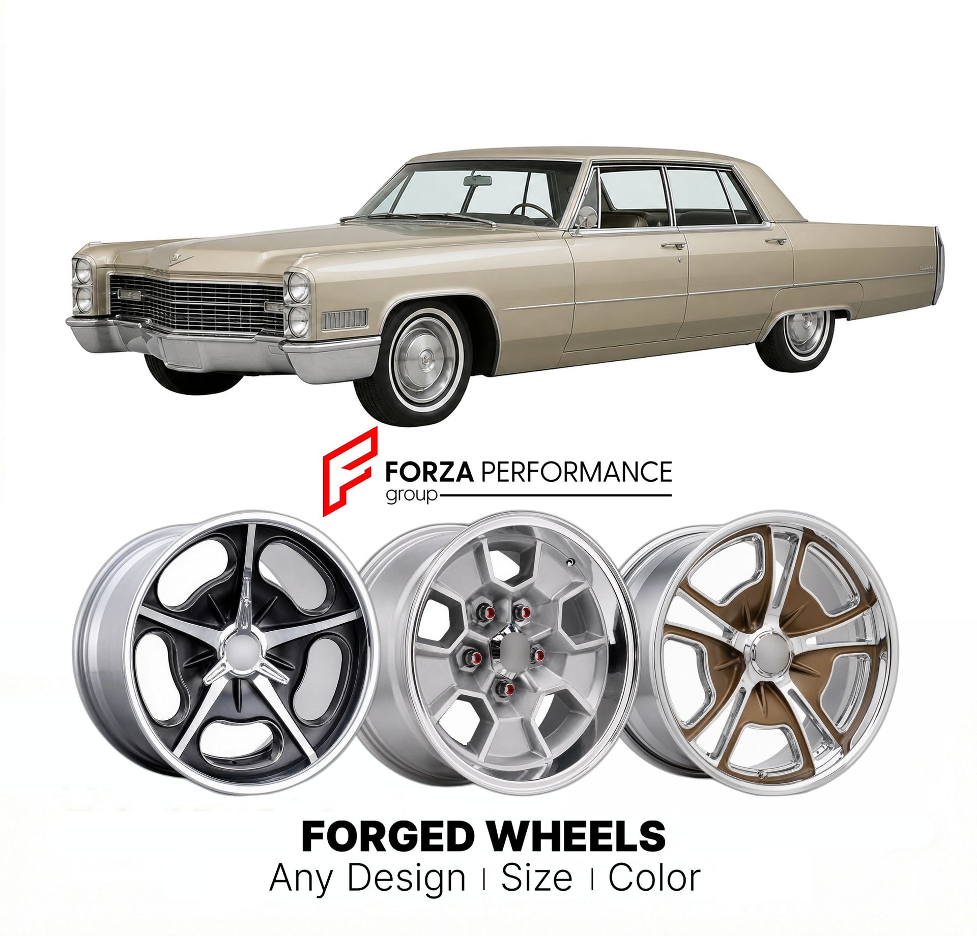 CUSTOM CLASSIC VINTAGE RESTOMOD RETRO OLD SCHOOL FORGED WHEELS RIMS for CADILLAC SEDAN DE VILLE 1965 - 1970
Custom forged wheels for classic American muscle cars. Ideal for restomod builds, vintage restorations, and show cars. Deep dish and retro styling available.

We manufacture premium quality forged wheels rims for Cadillac Sedan de Ville 1965 - 1970 in any design, size, color.

THIS WHEEL DESIGN CAN BE CUSTOM-MADE FOR YOUR CAR IN ANY SIZE AND COLOR OPTIONS
Available in monoblock, 2-piece, 3-piece, duob