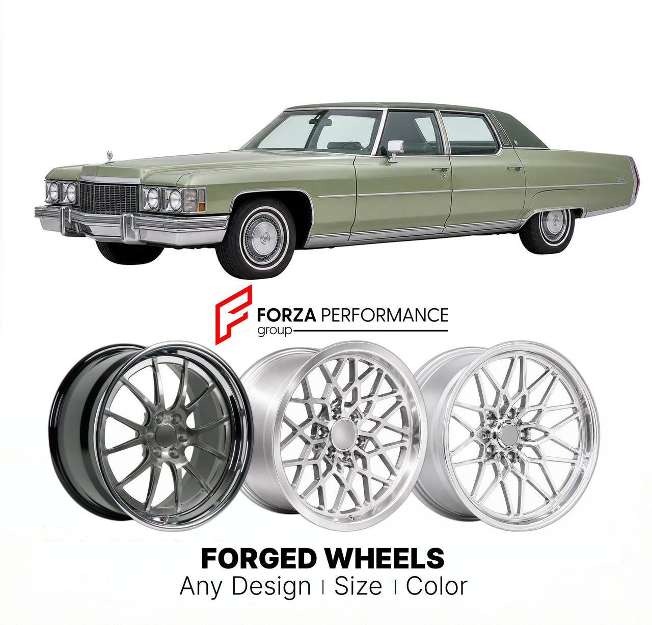 CUSTOM CLASSIC VINTAGE RESTOMOD RETRO OLD SCHOOL FORGED WHEELS RIMS for CADILLAC SEDAN DE VILLE 1971 - 1976
Custom forged wheels for classic American muscle cars. Ideal for restomod builds, vintage restorations, and show cars. Deep dish and retro styling available.

We manufacture premium quality forged wheels rims for Cadillac Sedan de Ville 1971 - 1976 in any design, size, color.

THIS WHEEL DESIGN CAN BE CUSTOM-MADE FOR YOUR CAR IN ANY SIZE AND COLOR OPTIONS
Available in monoblock, 2-piece, 3-piece, duob