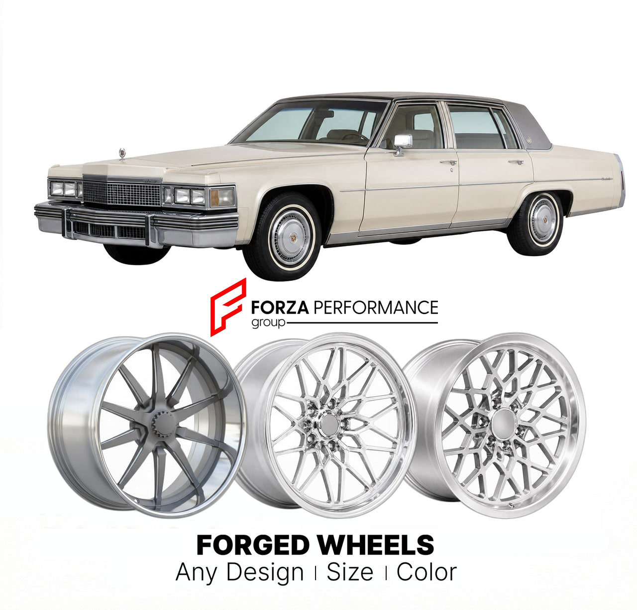 CUSTOM CLASSIC VINTAGE RESTOMOD RETRO OLD SCHOOL FORGED WHEELS RIMS for CADILLAC SEDAN DE VILLE 1977 - 1984
Custom forged wheels for classic American muscle cars. Ideal for restomod builds, vintage restorations, and show cars. Deep dish and retro styling available.

We manufacture premium quality forged wheels rims for Cadillac Sedan de Ville 1977 - 1984 in any design, size, color.

THIS WHEEL DESIGN CAN BE CUSTOM-MADE FOR YOUR CAR IN ANY SIZE AND COLOR OPTIONS
Available in monoblock, 2-piece, 3-piece, duob