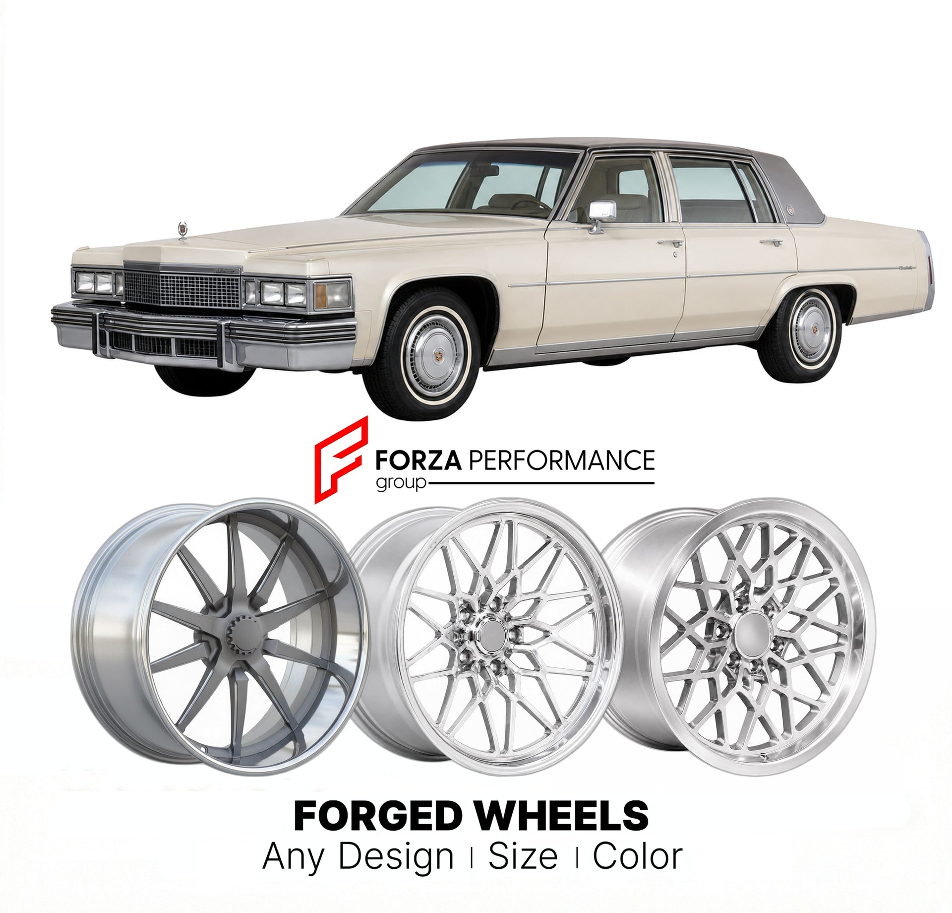CUSTOM CLASSIC VINTAGE RESTOMOD RETRO OLD SCHOOL FORGED WHEELS RIMS for CADILLAC SEDAN DE VILLE 1977 - 1984
Custom forged wheels for classic American muscle cars. Ideal for restomod builds, vintage restorations, and show cars. Deep dish and retro styling available.

We manufacture premium quality forged wheels rims for Cadillac Sedan de Ville 1977 - 1984 in any design, size, color.

THIS WHEEL DESIGN CAN BE CUSTOM-MADE FOR YOUR CAR IN ANY SIZE AND COLOR OPTIONS
Available in monoblock, 2-piece, 3-piece, duob