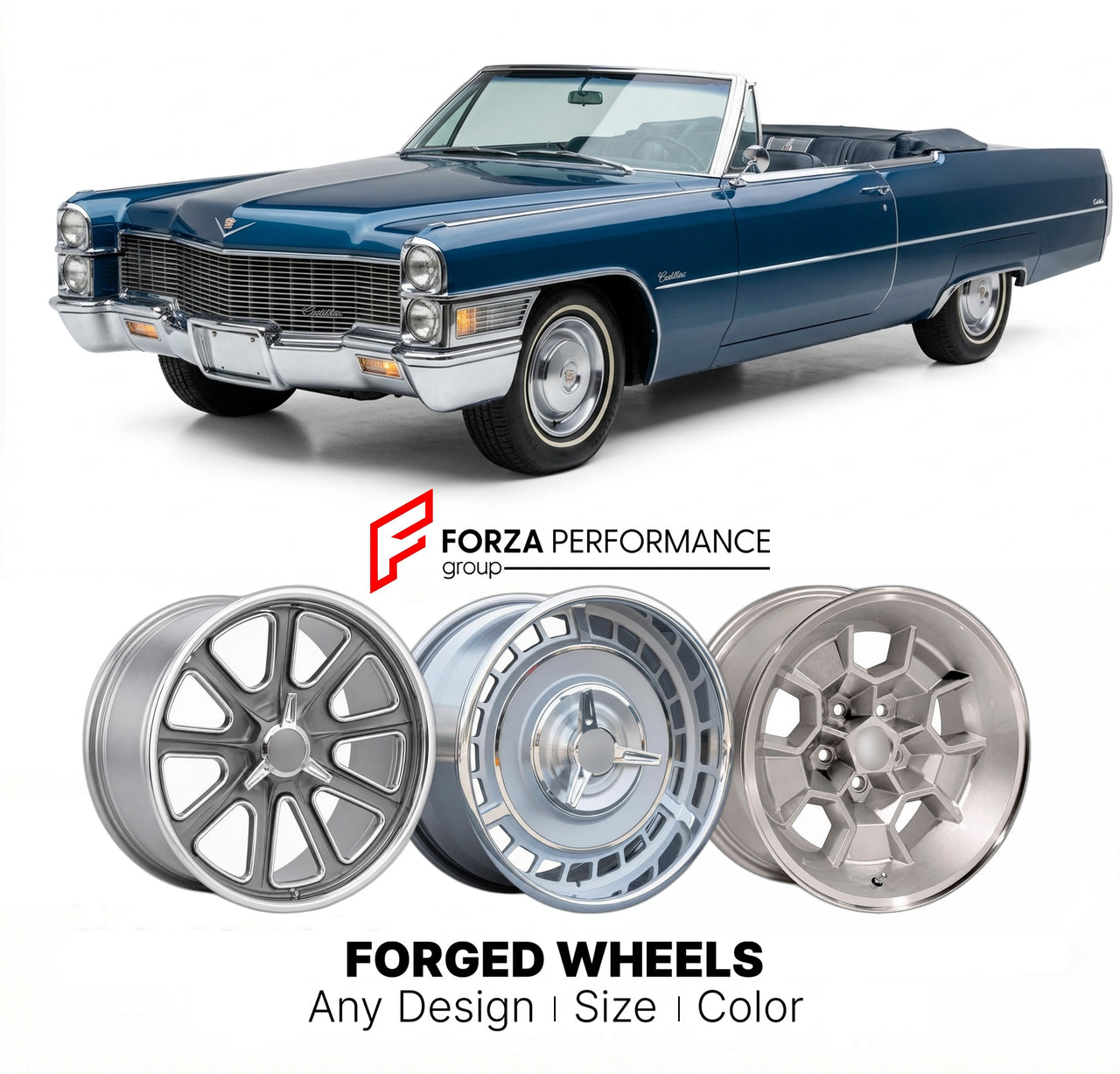 CUSTOM CLASSIC VINTAGE RESTOMOD RETRO OLD SCHOOL FORGED WHEELS RIMS for CADILLAC SERIES 62 1958 - 1964
Custom forged wheels for classic American muscle cars. Ideal for restomod builds, vintage restorations, and show cars. Deep dish and retro styling available.

We manufacture premium quality forged wheels rims for Cadillac Series 62 1958 - 1964 in any design, size, color.

THIS WHEEL DESIGN CAN BE CUSTOM-MADE FOR YOUR CAR IN ANY SIZE AND COLOR OPTIONS
Available in monoblock, 2-piece, 3-piece, duoblock, bead