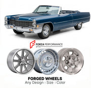 CUSTOM CLASSIC VINTAGE RESTOMOD RETRO OLD SCHOOL FORGED WHEELS RIMS for CADILLAC SERIES 62 1958 - 1964
Custom forged wheels for classic American muscle cars. Ideal for restomod builds, vintage restorations, and show cars. Deep dish and retro styling available.

We manufacture premium quality forged wheels rims for Cadillac Series 62 1958 - 1964 in any design, size, color.

THIS WHEEL DESIGN CAN BE CUSTOM-MADE FOR YOUR CAR IN ANY SIZE AND COLOR OPTIONS
Available in monoblock, 2-piece, 3-piece, duoblock, bead