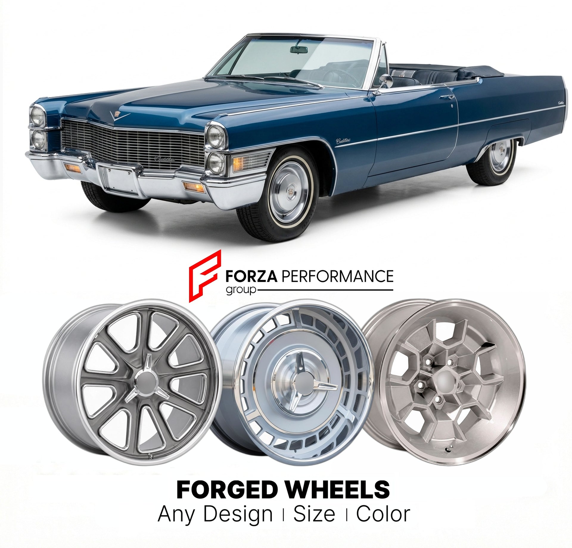CUSTOM CLASSIC VINTAGE RESTOMOD RETRO OLD SCHOOL FORGED WHEELS RIMS for CADILLAC SERIES 62 1958 - 1964
Custom forged wheels for classic American muscle cars. Ideal for restomod builds, vintage restorations, and show cars. Deep dish and retro styling available.

We manufacture premium quality forged wheels rims for Cadillac Series 62 1958 - 1964 in any design, size, color.

THIS WHEEL DESIGN CAN BE CUSTOM-MADE FOR YOUR CAR IN ANY SIZE AND COLOR OPTIONS
Available in monoblock, 2-piece, 3-piece, duoblock, bead