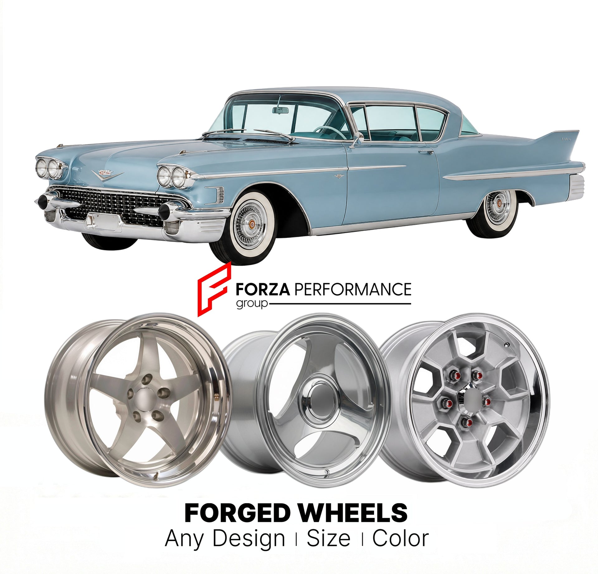 CUSTOM CLASSIC VINTAGE RESTOMOD RETRO OLD SCHOOL FORGED WHEELS RIMS for CADILLAC SERIES 70 1958 - 1987
Custom forged wheels for classic American muscle cars. Ideal for restomod builds, vintage restorations, and show cars. Deep dish and retro styling available.

We manufacture premium quality forged wheels rims for Cadillac Series 70 1958 - 1987 in any design, size, color.

THIS WHEEL DESIGN CAN BE CUSTOM-MADE FOR YOUR CAR IN ANY SIZE AND COLOR OPTIONS
Available in monoblock, 2-piece, 3-piece, duoblock, bead