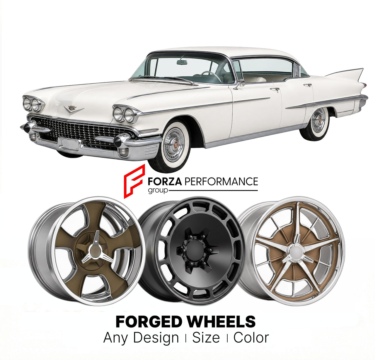 CUSTOM CLASSIC VINTAGE RESTOMOD RETRO OLD SCHOOL FORGED WHEELS RIMS for CADILLAC SERIES 75 1958 - 1987
Custom forged wheels for classic American muscle cars. Ideal for restomod builds, vintage restorations, and show cars. Deep dish and retro styling available.

We manufacture premium quality forged wheels rims for Cadillac Series 75 1958 - 1987 in any design, size, color.

THIS WHEEL DESIGN CAN BE CUSTOM-MADE FOR YOUR CAR IN ANY SIZE AND COLOR OPTIONS
Available in monoblock, 2-piece, 3-piece, duoblock, bead