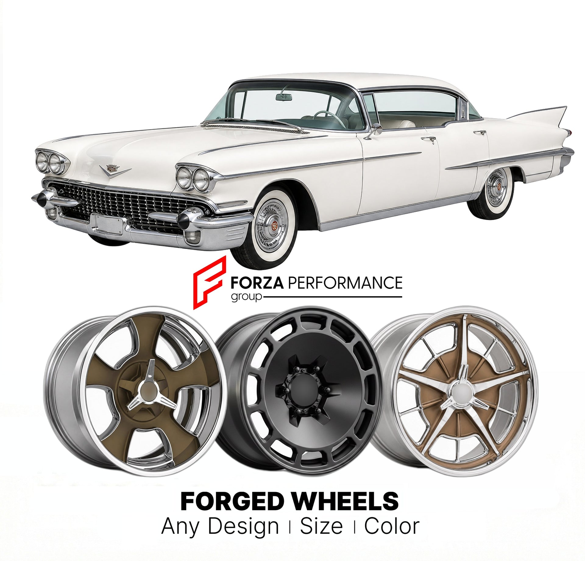 CUSTOM CLASSIC VINTAGE RESTOMOD RETRO OLD SCHOOL FORGED WHEELS RIMS for CADILLAC SERIES 75 1958 - 1987
Custom forged wheels for classic American muscle cars. Ideal for restomod builds, vintage restorations, and show cars. Deep dish and retro styling available.

We manufacture premium quality forged wheels rims for Cadillac Series 75 1958 - 1987 in any design, size, color.

THIS WHEEL DESIGN CAN BE CUSTOM-MADE FOR YOUR CAR IN ANY SIZE AND COLOR OPTIONS
Available in monoblock, 2-piece, 3-piece, duoblock, bead