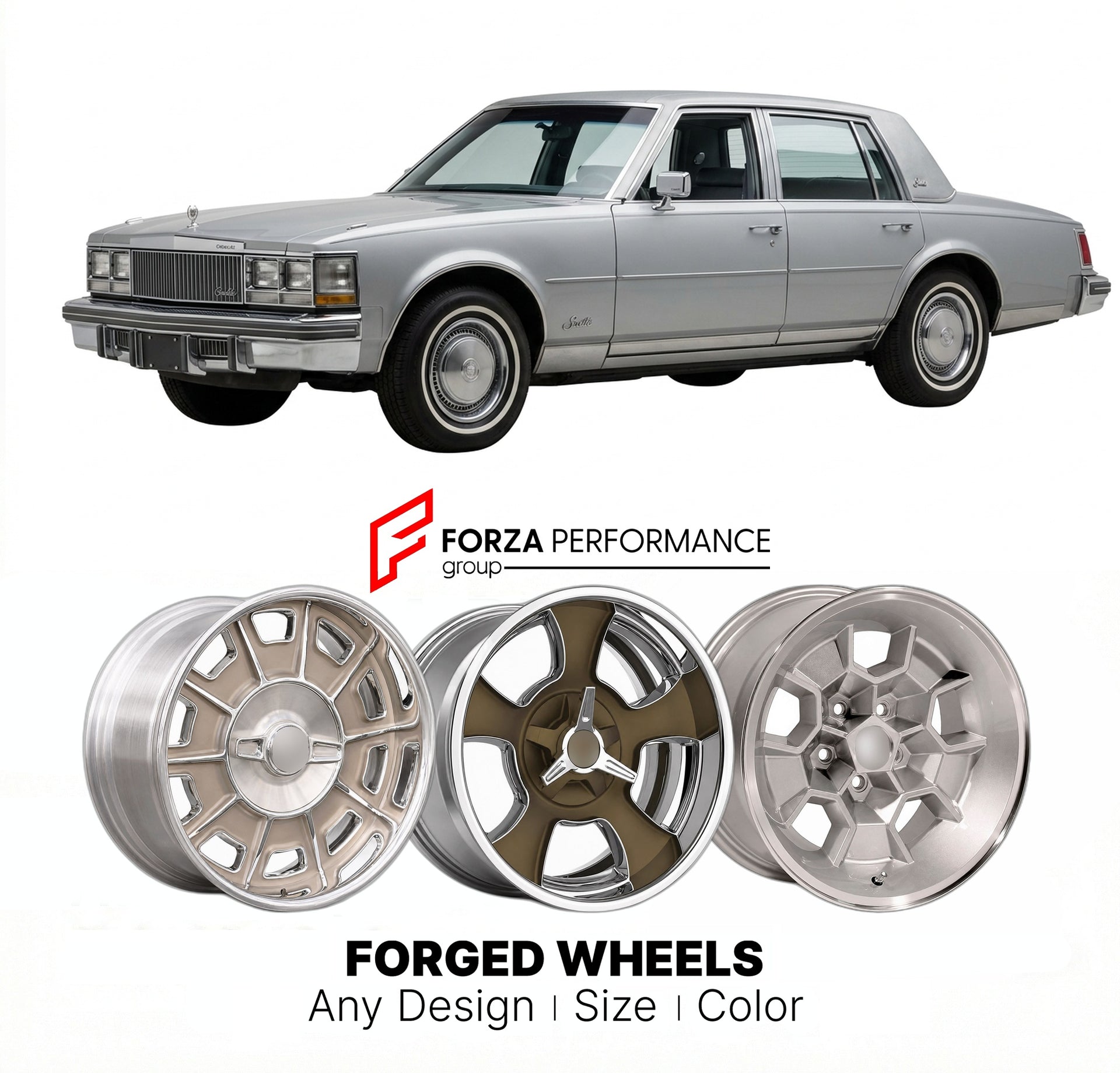 CUSTOM CLASSIC VINTAGE RESTOMOD RETRO OLD SCHOOL FORGED WHEELS RIMS for CADILLAC SEVILLE 1975 - 1990
Custom forged wheels for classic American muscle cars. Ideal for restomod builds, vintage restorations, and show cars. Deep dish and retro styling available.

We manufacture premium quality forged wheels rims for Cadillac Seville 1975 - 1990 in any design, size, color.

THIS WHEEL DESIGN CAN BE CUSTOM-MADE FOR YOUR CAR IN ANY SIZE AND COLOR OPTIONS
Available in monoblock, 2-piece, 3-piece, duoblock, beadlock