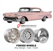 CUSTOM CLASSIC VINTAGE RESTOMOD RETRO OLD SCHOOL FORGED WHEELS RIMS for CADILLAC SIXTY SPECIAL 1958 - 1976
Custom forged wheels for classic American muscle cars. Ideal for restomod builds, vintage restorations, and show cars. Deep dish and retro styling available.

We manufacture premium quality forged wheels rims for Cadillac Sixty Special 1958 - 1976 in any design, size, color.

THIS WHEEL DESIGN CAN BE CUSTOM-MADE FOR YOUR CAR IN ANY SIZE AND COLOR OPTIONS
Available in monoblock, 2-piece, 3-piece, duoblo