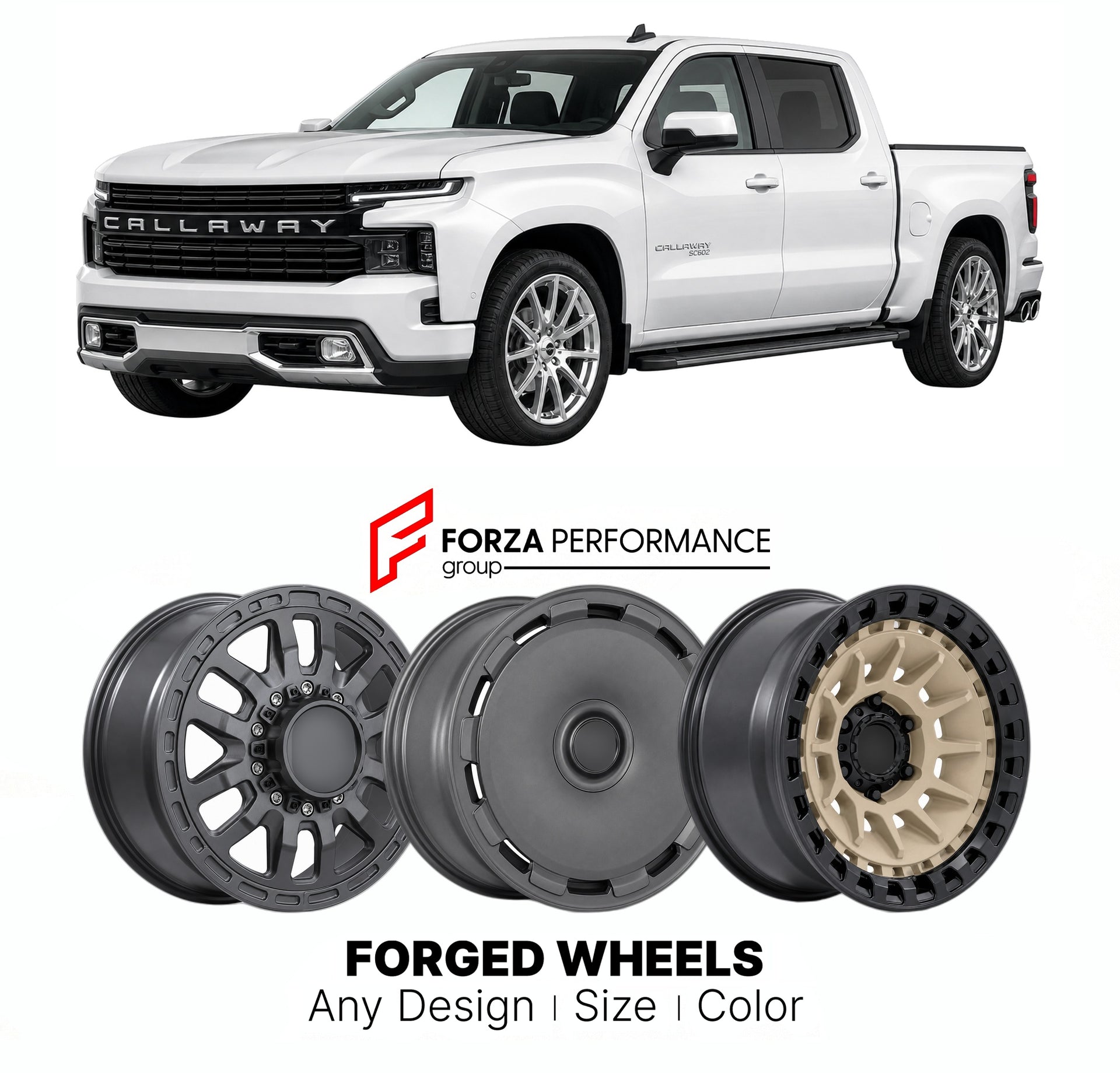 FORGED WHEELS RIMS for CALLAWAY SILVERADO SC602 PACKAGE 2014+

Custom forged wheels for Callaway Silverado SC602 Package 2014+. Made-to-order monoblock, 2-piece and 3-piece rims in custom sizes, offsets, colors and finishes with guaranteed fitment.

We manufacture premium quality forged wheels rims for Callaway Silverado SC602 Package 2014+ in any design, size, color.

THIS WHEEL DESIGN CAN BE CUSTOM-MADE FOR YOUR CAR IN ANY SIZE AND COLOR OPTIONS
Available in monoblock, 2-piece, 3-piece, duoblock, beadlock