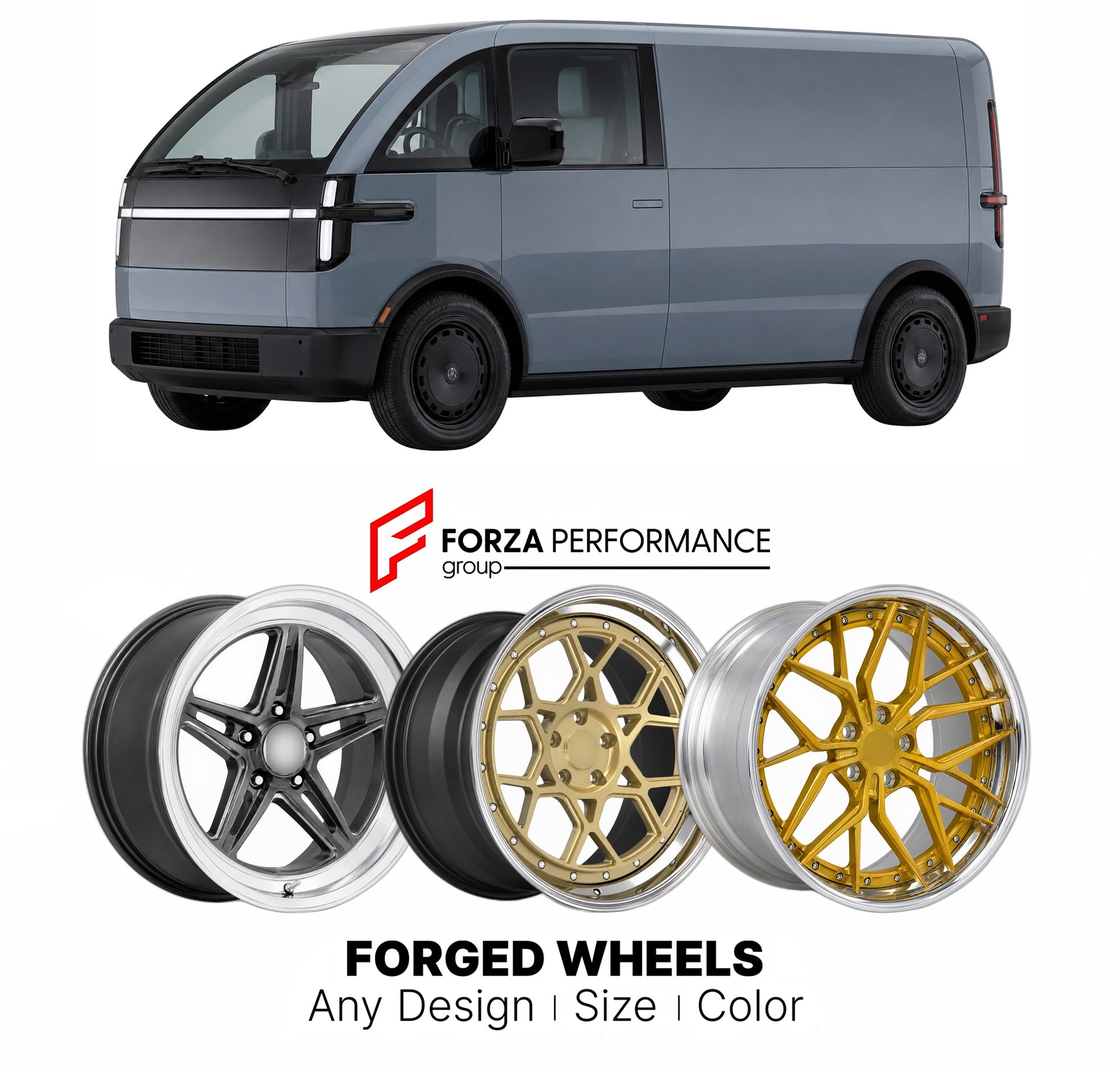 FORGED WHEELS RIMS for CANOO LIFESTYLE VEHICLE LOW-VOLUME ELECTRIC VAN 2023+

Custom forged wheels for Canoo Lifestyle Vehicle Low-Volume Electric Van 2023+. Made-to-order monoblock, 2-piece and 3-piece rims in custom sizes, offsets, colors and finishes with guaranteed fitment.

We manufacture premium quality forged wheels rims for Canoo Lifestyle Vehicle Low-Volume Electric Van 2023+ in any design, size, color.

THIS WHEEL DESIGN CAN BE CUSTOM-MADE FOR YOUR CAR IN ANY SIZE AND COLOR OPTIONS
Available in mo