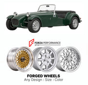 CUSTOM CLASSIC VINTAGE RESTOMOD RETRO OLD SCHOOL FORGED WHEELS RIMS for CATERHAM SEVEN SERIES 3 S3 1973 - 2000

Custom forged wheels for Caterham Seven Series 3 S3 1973 - 2000. Classic, vintage, restomod wheel designs made to order in custom sizes, offsets, colors and finishes.

We manufacture premium quality forged wheels rims for Caterham Seven Series 3 S3 1973 - 2000 in any design, size, color.

THIS WHEEL DESIGN CAN BE CUSTOM-MADE FOR YOUR CAR IN ANY SIZE AND COLOR OPTIONS
Available in monoblock, 2-piec
