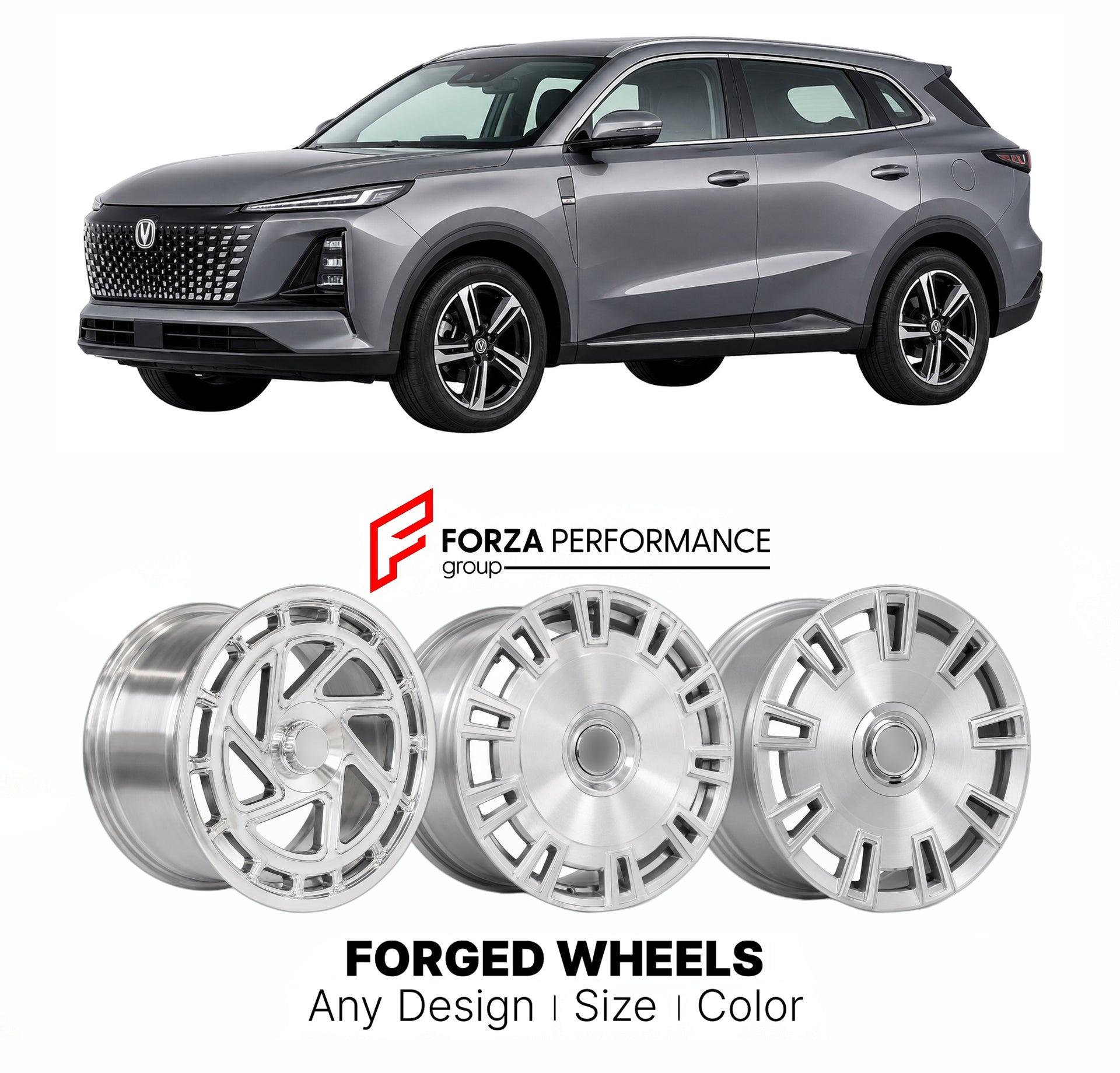 Custom forged wheels for Changan CS55 Plus 2025+. Made-to-order monoblock, 2-piece and 3-piece wheels in custom sizes, offsets, colors and finishes with guaranteed vehicle fitment.

We manufacture premium quality forged wheels rims for Changan CS55 Plus 2025+ in any design, size, color.

THIS WHEEL DESIGN CAN BE CUSTOM-MADE FOR YOUR CAR IN ANY SIZE AND COLOR OPTIONS
Available in monoblock, 2-piece, 3-piece, duoblock, beadlock
3D wheel renderings are provided according to the exact dimensions and specificati