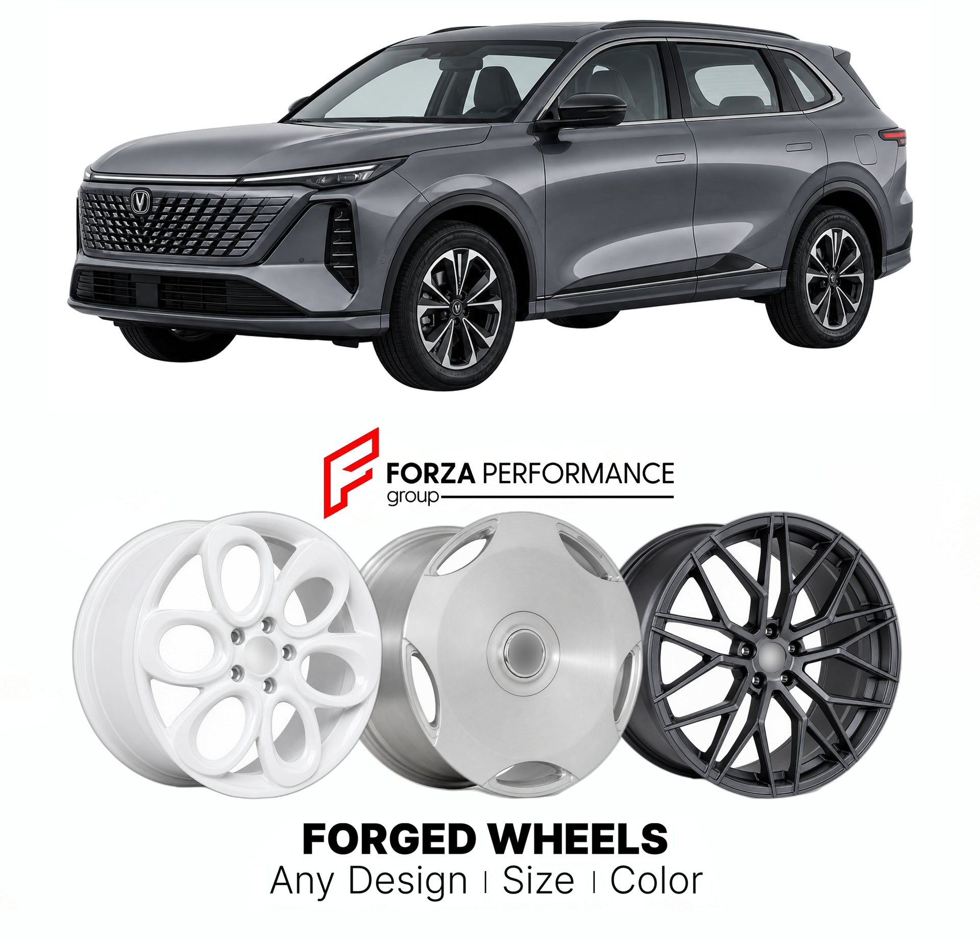 Custom forged wheels for Changan CS75 Plus 2024+. Made-to-order monoblock, 2-piece and 3-piece wheels in custom sizes, offsets, colors and finishes with guaranteed vehicle fitment.

We manufacture premium quality forged wheels rims for Changan CS75 Plus 2024+ in any design, size, color.

THIS WHEEL DESIGN CAN BE CUSTOM-MADE FOR YOUR CAR IN ANY SIZE AND COLOR OPTIONS
Available in monoblock, 2-piece, 3-piece, duoblock, beadlock
3D wheel renderings are provided according to the exact dimensions and specificati