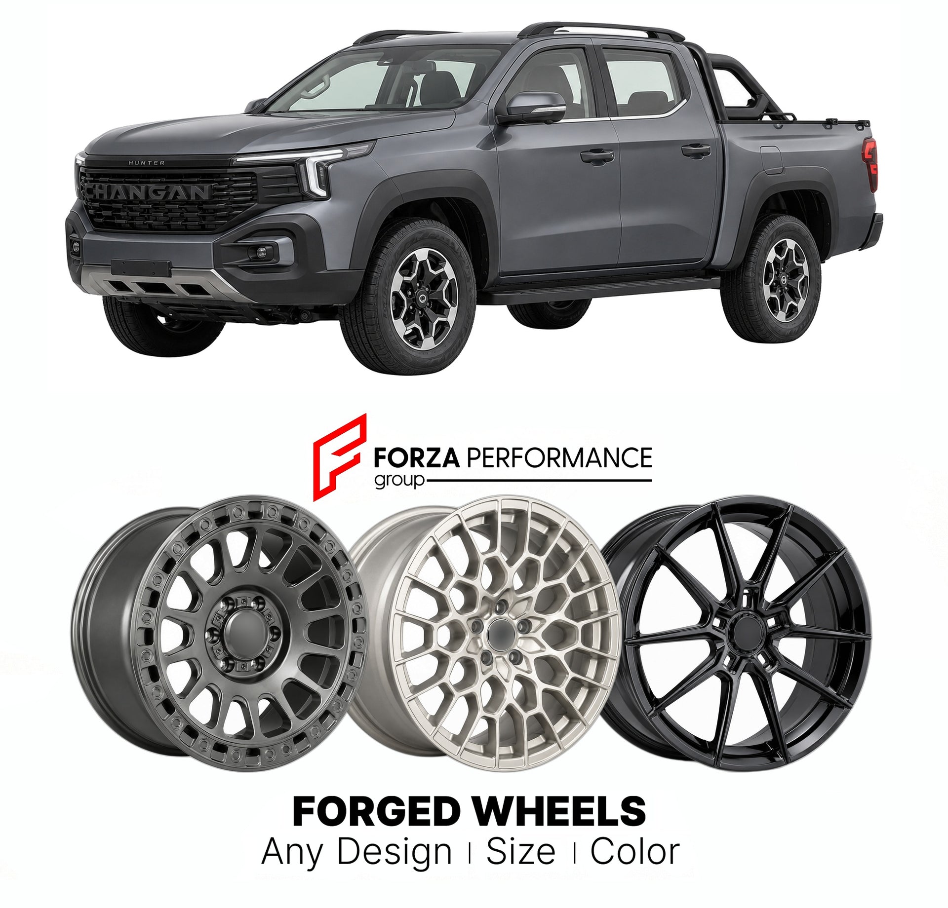 Custom forged wheels for Changan Hunter K50 2025+. Made-to-order monoblock, 2-piece and 3-piece wheels in custom sizes, offsets, colors and finishes with guaranteed vehicle fitment.

We manufacture premium quality forged wheels rims for Changan Hunter K50 2025+ in any design, size, color.

THIS WHEEL DESIGN CAN BE CUSTOM-MADE FOR YOUR CAR IN ANY SIZE AND COLOR OPTIONS
Available in monoblock, 2-piece, 3-piece, duoblock, beadlock
3D wheel renderings are provided according to the exact dimensions and specifica