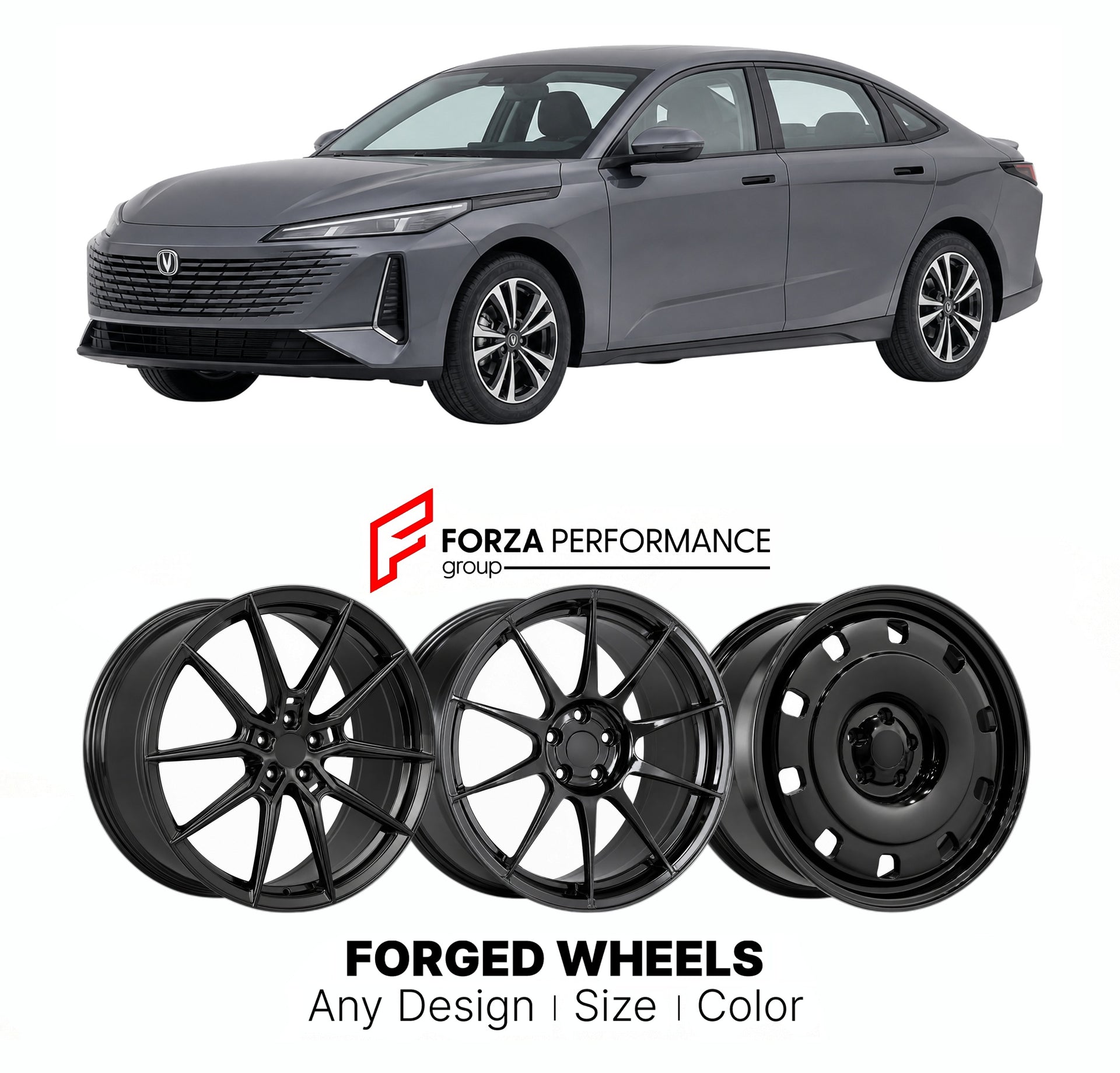 Custom forged wheels for Changan Lamore Yida 2023+. Made-to-order monoblock, 2-piece and 3-piece wheels in custom sizes, offsets, colors and finishes with guaranteed vehicle fitment.

We manufacture premium quality forged wheels rims for Changan Lamore Yida 2023+ in any design, size, color.

THIS WHEEL DESIGN CAN BE CUSTOM-MADE FOR YOUR CAR IN ANY SIZE AND COLOR OPTIONS
Available in monoblock, 2-piece, 3-piece, duoblock, beadlock
3D wheel renderings are provided according to the exact dimensions and specifi