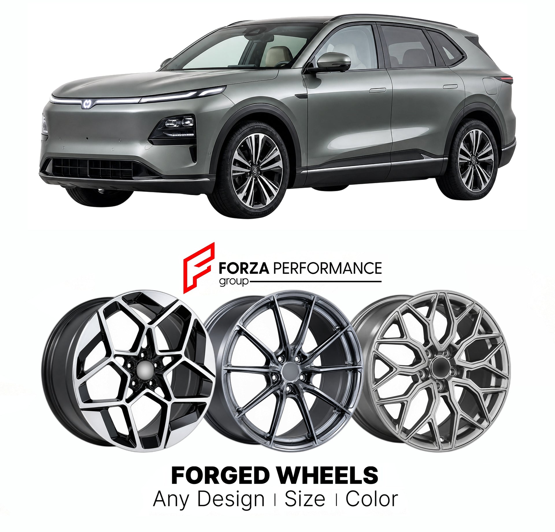 Custom forged wheels for Changan Nevo Qiyuan Q07 2025+. Made-to-order monoblock, 2-piece and 3-piece wheels in custom sizes, offsets, colors and finishes with guaranteed vehicle fitment.

We manufacture premium quality forged wheels rims for Changan Nevo Qiyuan Q07 2025+ in any design, size, color.

THIS WHEEL DESIGN CAN BE CUSTOM-MADE FOR YOUR CAR IN ANY SIZE AND COLOR OPTIONS
Available in monoblock, 2-piece, 3-piece, duoblock, beadlock
3D wheel renderings are provided according to the exact dimensions and