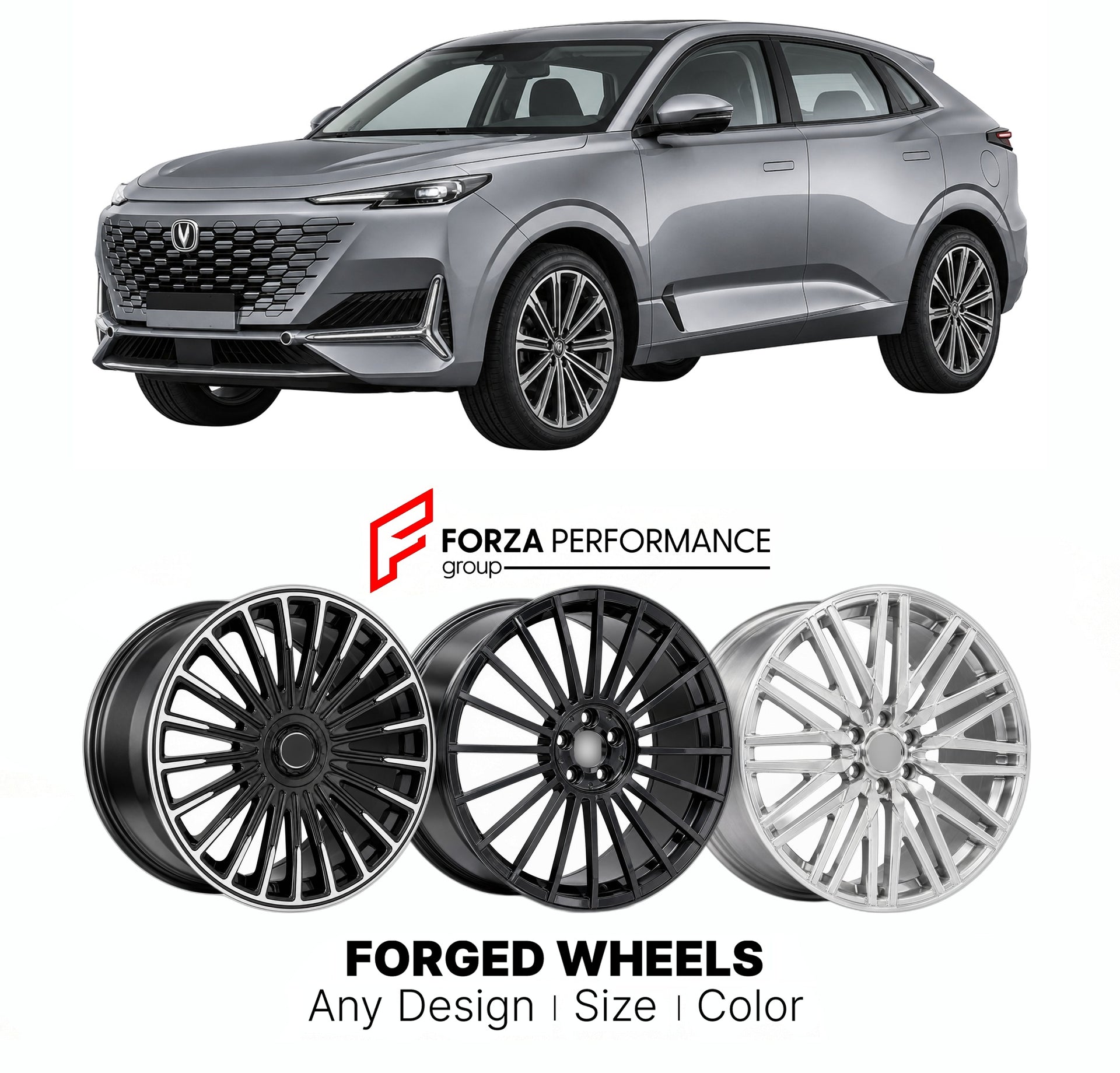 Custom forged wheels for Changan UNI-K 2020+. Made-to-order monoblock, 2-piece and 3-piece wheels in custom sizes, offsets, colors and finishes with guaranteed vehicle fitment.

We manufacture premium quality forged wheels rims for Changan UNI-K 2020+ in any design, size, color.

THIS WHEEL DESIGN CAN BE CUSTOM-MADE FOR YOUR CAR IN ANY SIZE AND COLOR OPTIONS
Available in monoblock, 2-piece, 3-piece, duoblock, beadlock
3D wheel renderings are provided according to the exact dimensions and specifications requ