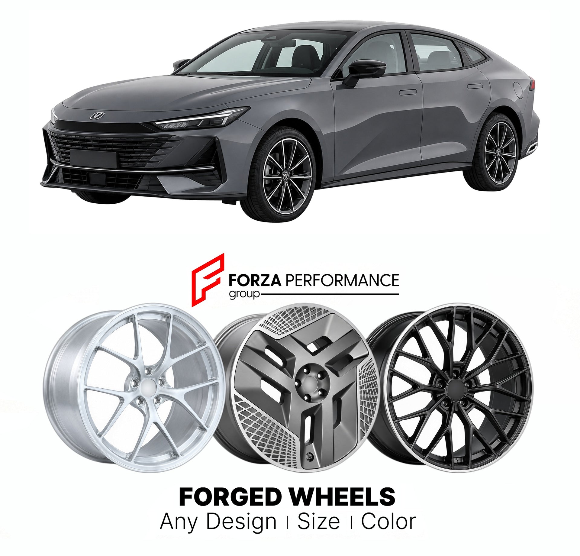 Custom forged wheels for Changan UNI-V 2022+. Made-to-order monoblock, 2-piece and 3-piece wheels in custom sizes, offsets, colors and finishes with guaranteed vehicle fitment.

We manufacture premium quality forged wheels rims for Changan UNI-V 2022+ in any design, size, color.

THIS WHEEL DESIGN CAN BE CUSTOM-MADE FOR YOUR CAR IN ANY SIZE AND COLOR OPTIONS
Available in monoblock, 2-piece, 3-piece, duoblock, beadlock
3D wheel renderings are provided according to the exact dimensions and specifications requ
