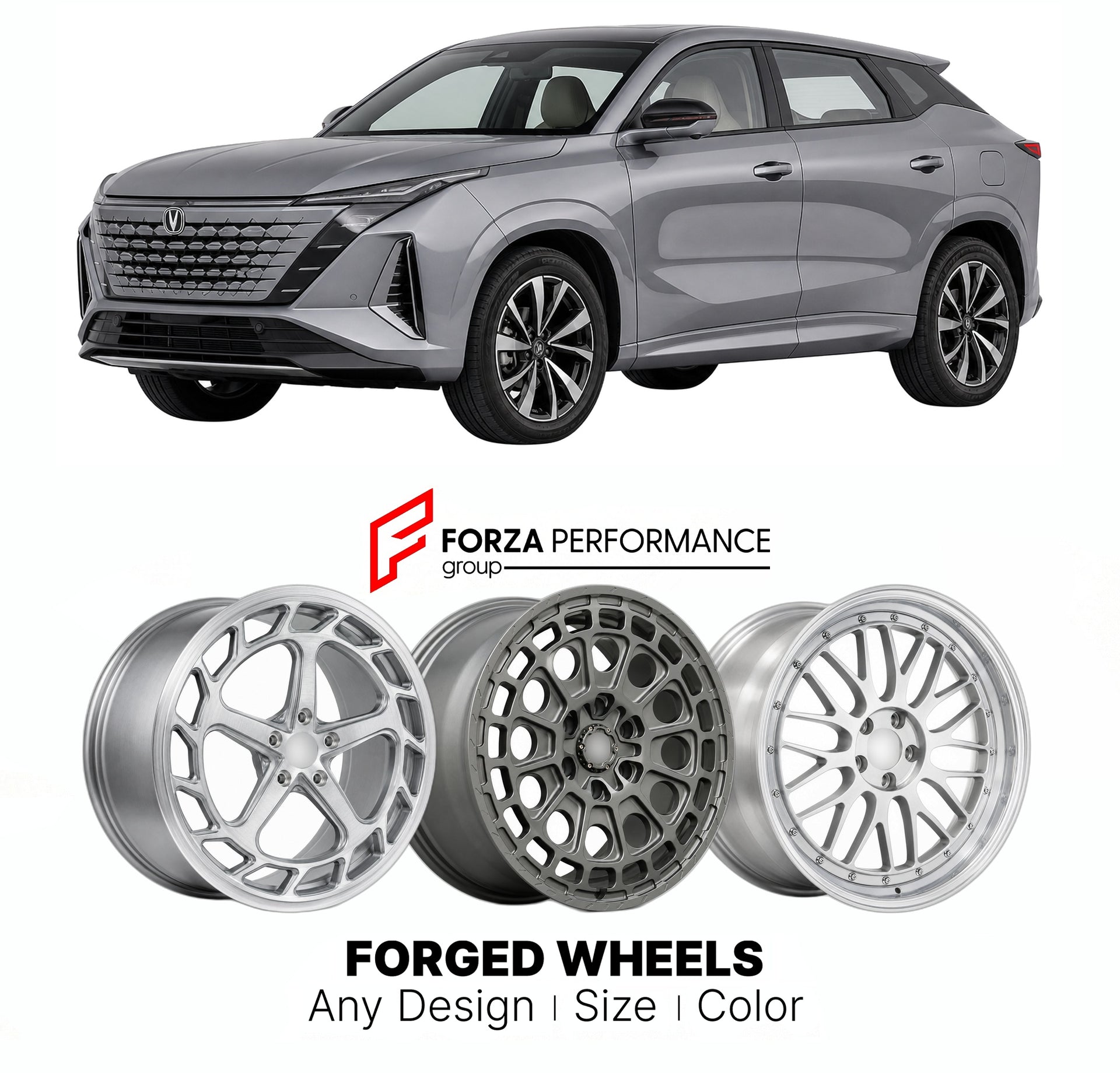 Custom forged wheels for Changan UNI-Z 2024+. Made-to-order monoblock, 2-piece and 3-piece wheels in custom sizes, offsets, colors and finishes with guaranteed vehicle fitment.

We manufacture premium quality forged wheels rims for Changan UNI-Z 2024+ in any design, size, color.

THIS WHEEL DESIGN CAN BE CUSTOM-MADE FOR YOUR CAR IN ANY SIZE AND COLOR OPTIONS
Available in monoblock, 2-piece, 3-piece, duoblock, beadlock
3D wheel renderings are provided according to the exact dimensions and specifications requ