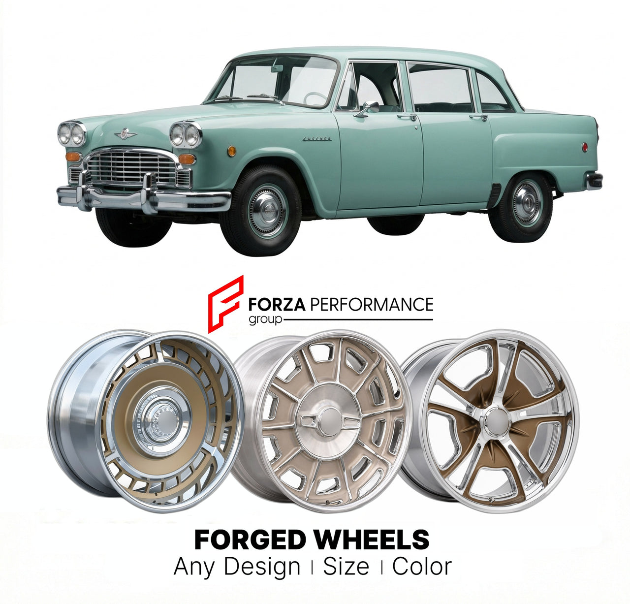 CUSTOM CLASSIC VINTAGE RESTOMOD RETRO OLD SCHOOL FORGED WHEELS RIMS for CHECKER MARATHON 1961 - 1982
Custom forged wheels for classic American muscle cars. Ideal for restomod builds, vintage restorations, and show cars. Deep dish and retro styling available.

We manufacture premium quality forged wheels rims for Checker Marathon 1961 - 1982 in any design, size, color.

THIS WHEEL DESIGN CAN BE CUSTOM-MADE FOR YOUR CAR IN ANY SIZE AND COLOR OPTIONS
Available in monoblock, 2-piece, 3-piece, duoblock, beadlock