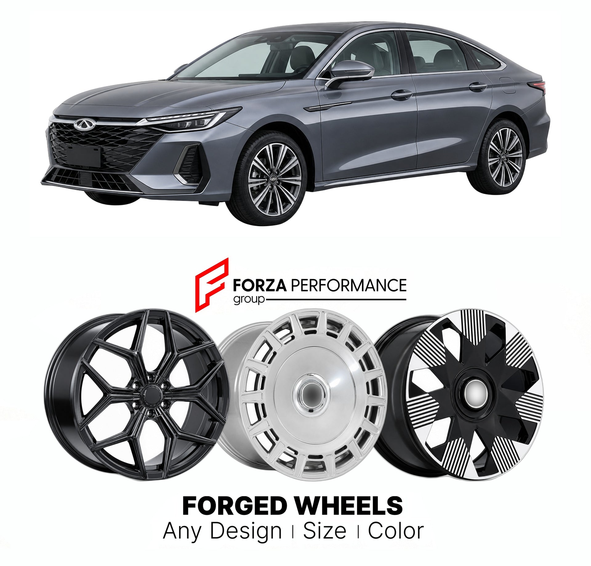 Custom forged wheels for Chery Arrizo 8 2022+. Made-to-order monoblock, 2-piece and 3-piece wheels in custom sizes, offsets, colors and finishes with guaranteed vehicle fitment.

We manufacture premium quality forged wheels rims for Chery Arrizo 8 2022+ in any design, size, color.

THIS WHEEL DESIGN CAN BE CUSTOM-MADE FOR YOUR CAR IN ANY SIZE AND COLOR OPTIONS
Available in monoblock, 2-piece, 3-piece, duoblock, beadlock
3D wheel renderings are provided according to the exact dimensions and specifications re