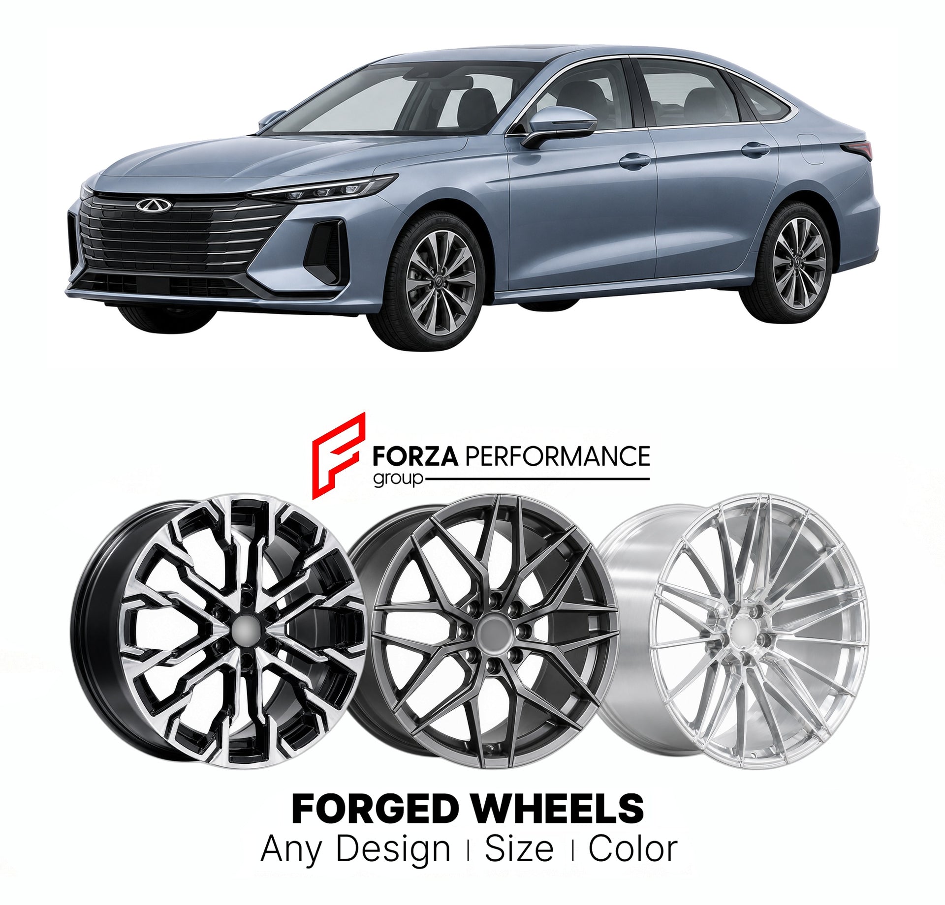 Custom forged wheels for Chery Fulwin A8 2023+. Made-to-order monoblock, 2-piece and 3-piece wheels in custom sizes, offsets, colors and finishes with guaranteed vehicle fitment.

We manufacture premium quality forged wheels rims for Chery Fulwin A8 2023+ in any design, size, color.

THIS WHEEL DESIGN CAN BE CUSTOM-MADE FOR YOUR CAR IN ANY SIZE AND COLOR OPTIONS
Available in monoblock, 2-piece, 3-piece, duoblock, beadlock
3D wheel renderings are provided according to the exact dimensions and specifications 