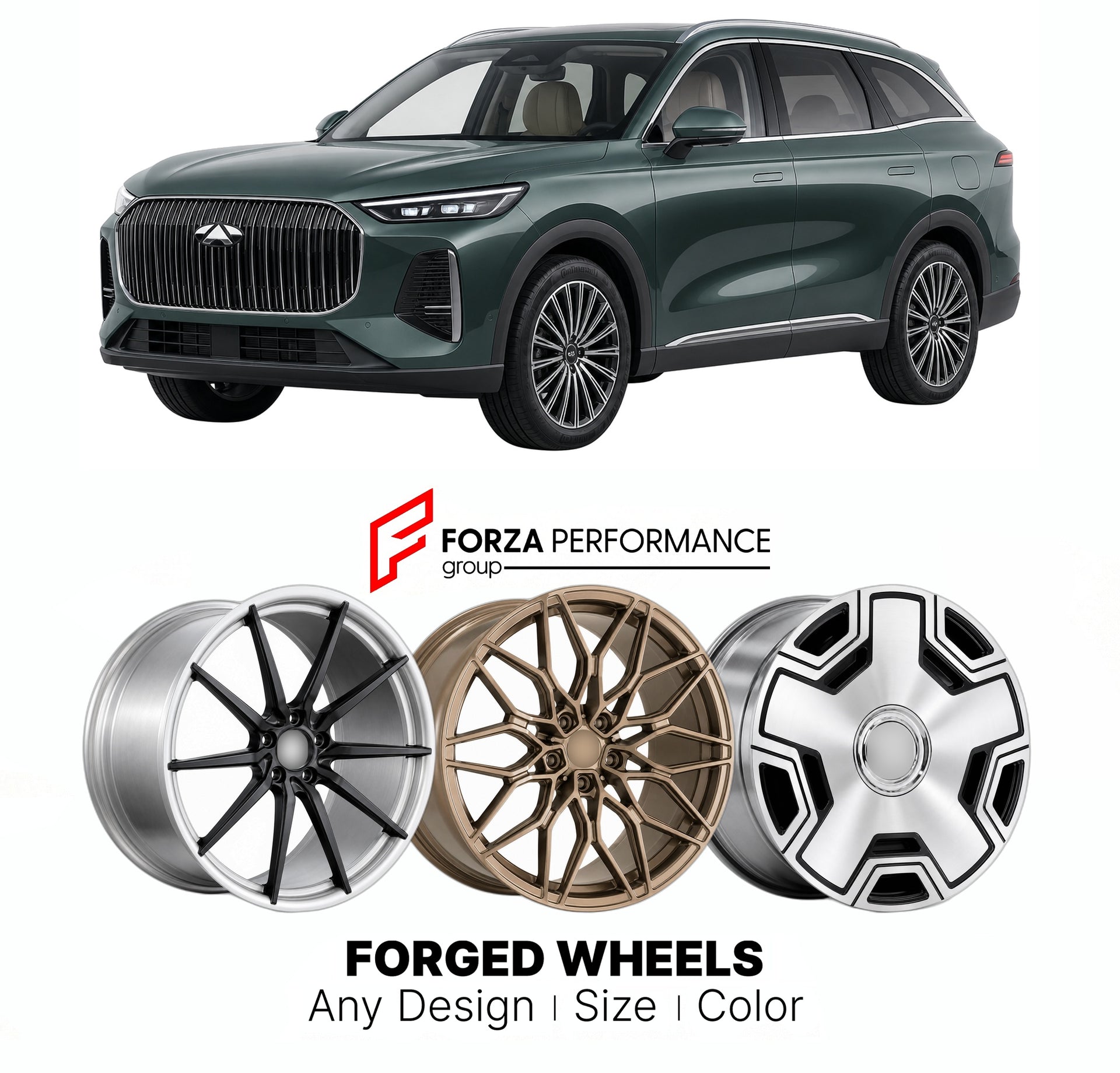 Custom forged wheels for Chery Fulwin T9 2024+. Made-to-order monoblock, 2-piece and 3-piece wheels in custom sizes, offsets, colors and finishes with guaranteed vehicle fitment.

We manufacture premium quality forged wheels rims for Chery Fulwin T9 2024+ in any design, size, color.

THIS WHEEL DESIGN CAN BE CUSTOM-MADE FOR YOUR CAR IN ANY SIZE AND COLOR OPTIONS
Available in monoblock, 2-piece, 3-piece, duoblock, beadlock
3D wheel renderings are provided according to the exact dimensions and specifications 