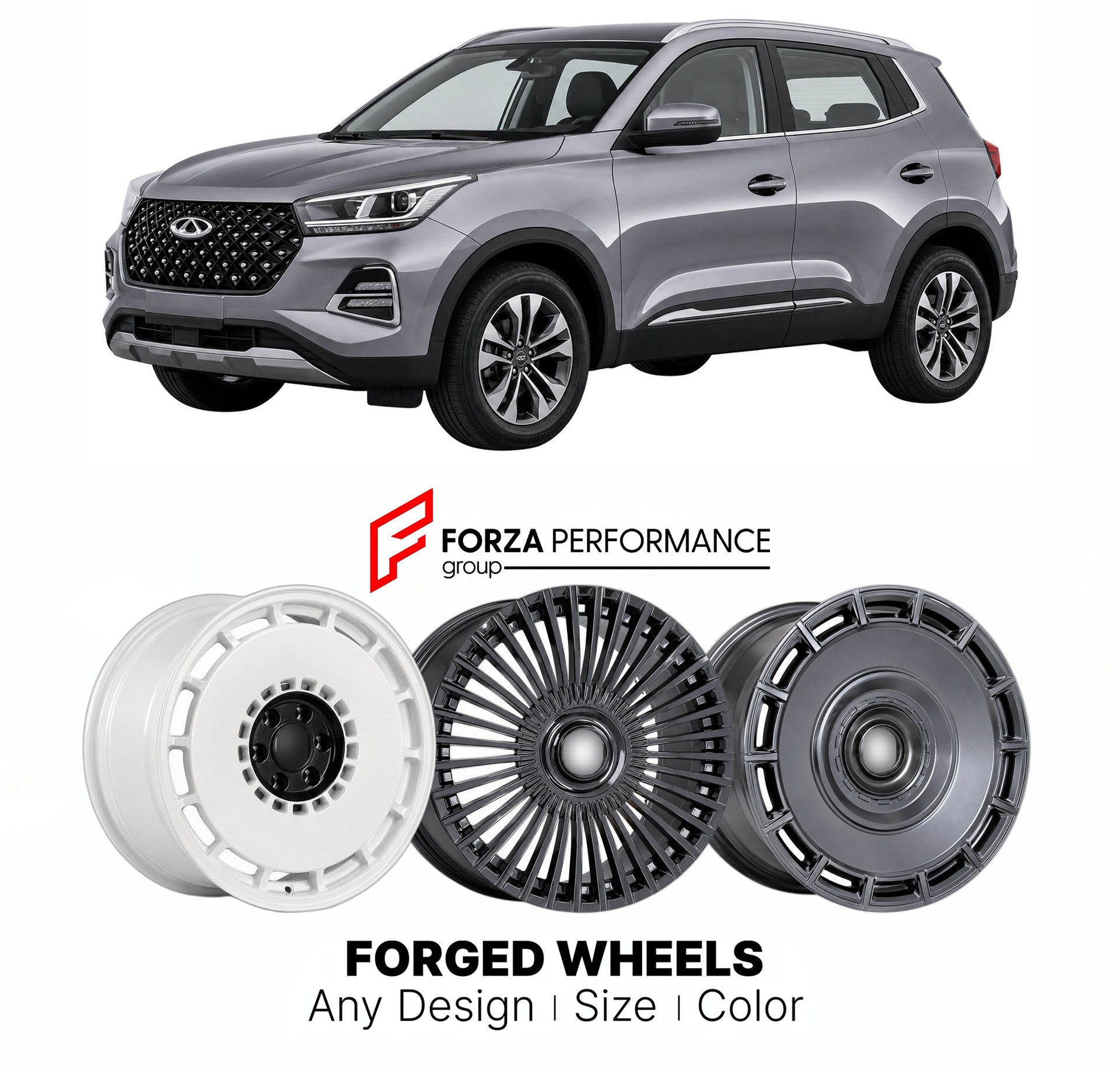 Custom forged wheels for Chery Tiggo 4 Pro 2020+. Made-to-order monoblock, 2-piece and 3-piece wheels in custom sizes, offsets, colors and finishes with guaranteed vehicle fitment.

We manufacture premium quality forged wheels rims for Chery Tiggo 4 Pro 2020+ in any design, size, color.

THIS WHEEL DESIGN CAN BE CUSTOM-MADE FOR YOUR CAR IN ANY SIZE AND COLOR OPTIONS
Available in monoblock, 2-piece, 3-piece, duoblock, beadlock
3D wheel renderings are provided according to the exact dimensions and specificati