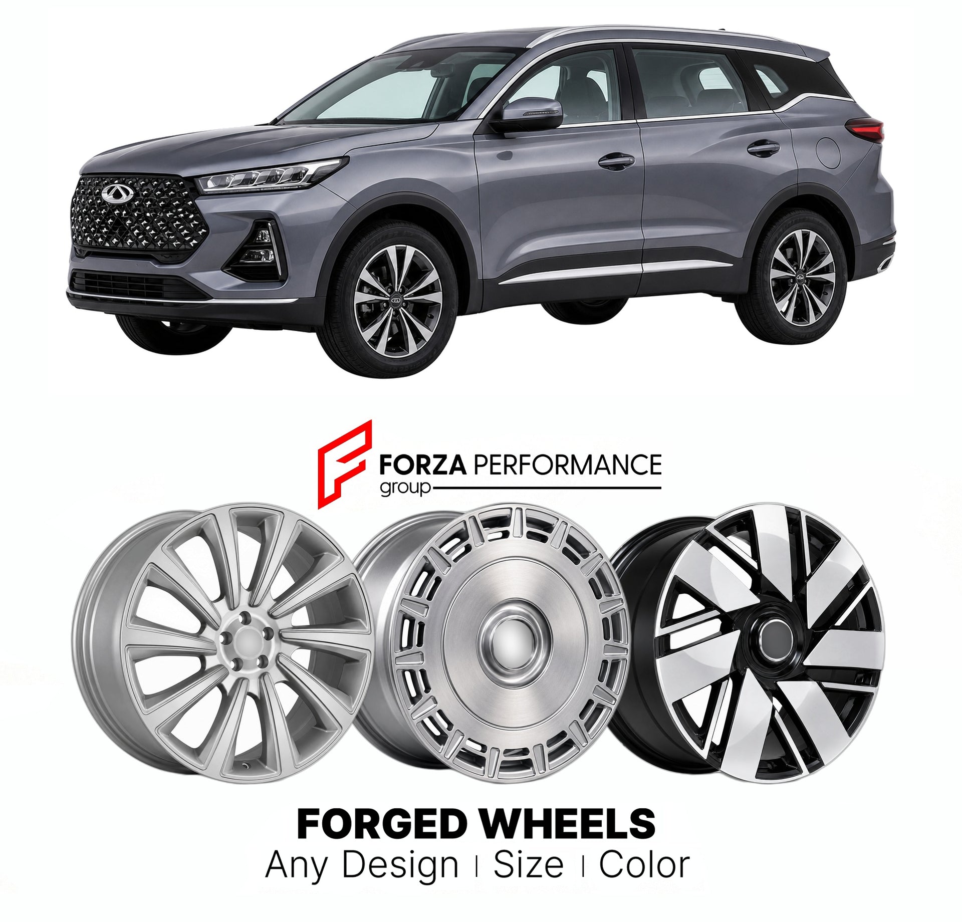 Custom forged wheels for Chery Tiggo 7 Pro 2020+. Made-to-order monoblock, 2-piece and 3-piece wheels in custom sizes, offsets, colors and finishes with guaranteed vehicle fitment.

We manufacture premium quality forged wheels rims for Chery Tiggo 7 Pro 2020+ in any design, size, color.

THIS WHEEL DESIGN CAN BE CUSTOM-MADE FOR YOUR CAR IN ANY SIZE AND COLOR OPTIONS
Available in monoblock, 2-piece, 3-piece, duoblock, beadlock
3D wheel renderings are provided according to the exact dimensions and specificati