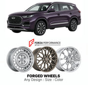 Custom forged wheels for Chery Tiggo 8 2020+. Made-to-order monoblock, 2-piece and 3-piece wheels in custom sizes, offsets, colors and finishes with guaranteed vehicle fitment.

We manufacture premium quality forged wheels rims for Chery Tiggo 8 2020+ in any design, size, color.

THIS WHEEL DESIGN CAN BE CUSTOM-MADE FOR YOUR CAR IN ANY SIZE AND COLOR OPTIONS
Available in monoblock, 2-piece, 3-piece, duoblock, beadlock
3D wheel renderings are provided according to the exact dimensions and specifications requ