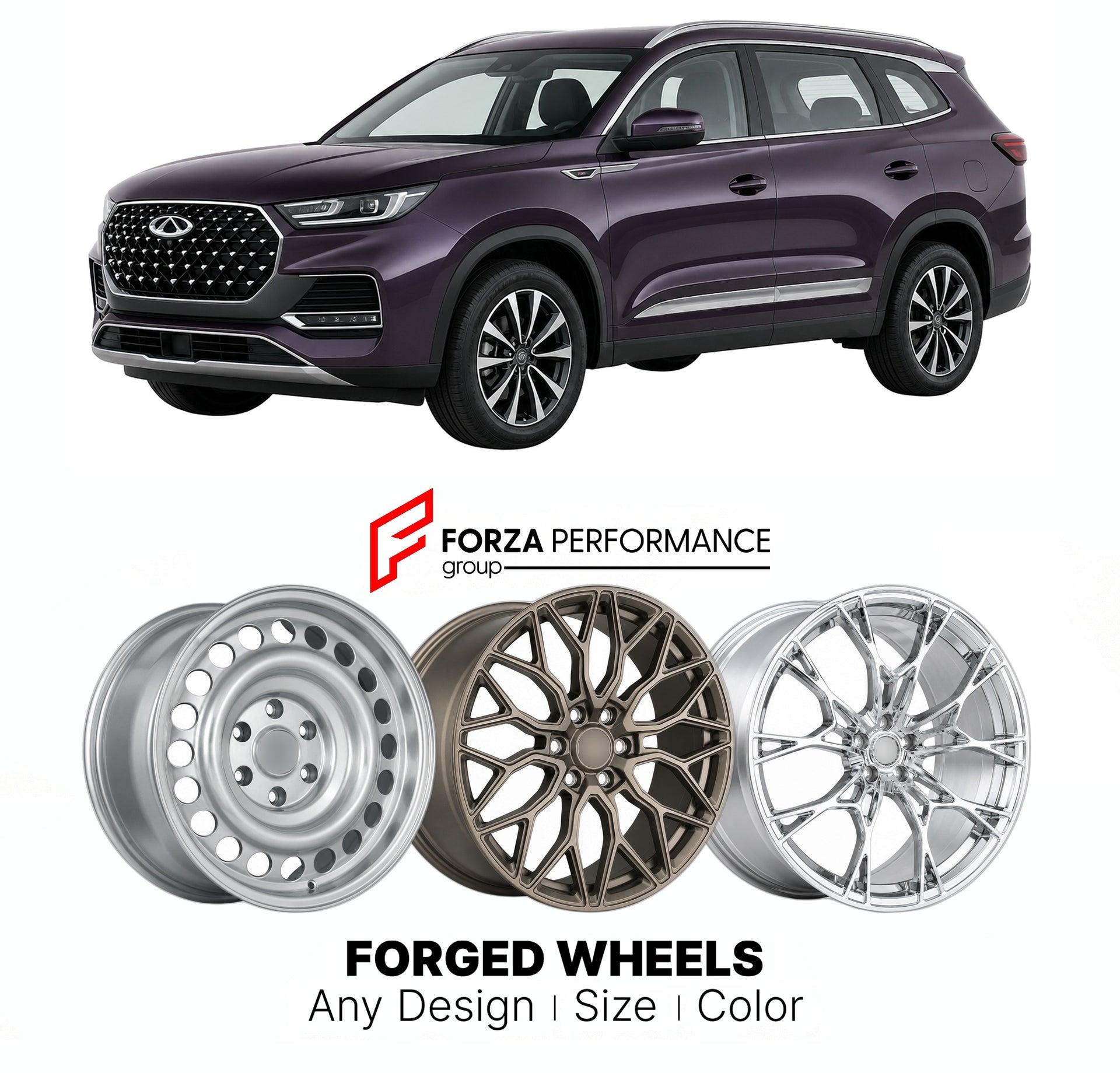 Custom forged wheels for Chery Tiggo 8 2020+. Made-to-order monoblock, 2-piece and 3-piece wheels in custom sizes, offsets, colors and finishes with guaranteed vehicle fitment.

We manufacture premium quality forged wheels rims for Chery Tiggo 8 2020+ in any design, size, color.

THIS WHEEL DESIGN CAN BE CUSTOM-MADE FOR YOUR CAR IN ANY SIZE AND COLOR OPTIONS
Available in monoblock, 2-piece, 3-piece, duoblock, beadlock
3D wheel renderings are provided according to the exact dimensions and specifications requ
