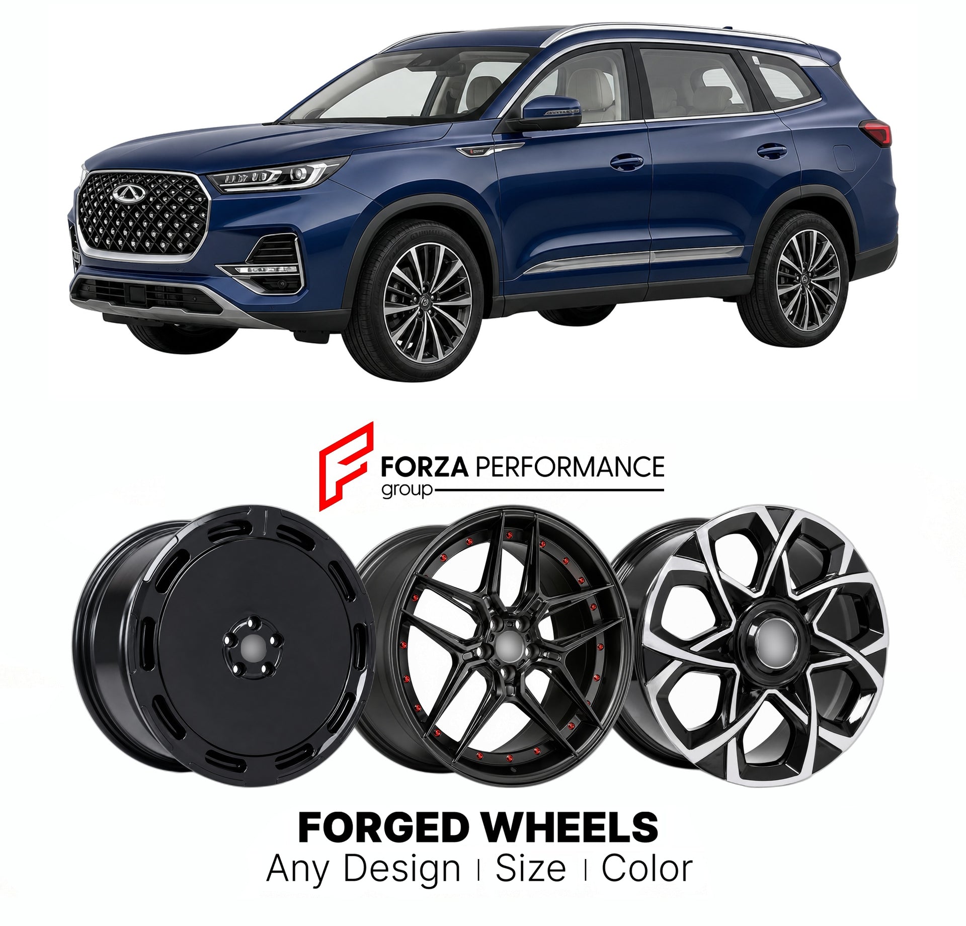 Custom forged wheels for Chery Tiggo 8 Pro Max 2021+. Made-to-order monoblock, 2-piece and 3-piece wheels in custom sizes, offsets, colors and finishes with guaranteed vehicle fitment.

We manufacture premium quality forged wheels rims for Chery Tiggo 8 Pro Max 2021+ in any design, size, color.

THIS WHEEL DESIGN CAN BE CUSTOM-MADE FOR YOUR CAR IN ANY SIZE AND COLOR OPTIONS
Available in monoblock, 2-piece, 3-piece, duoblock, beadlock
3D wheel renderings are provided according to the exact dimensions and spe