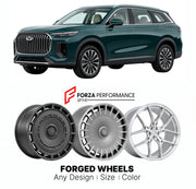 Custom forged wheels for Chery Tiggo 9 2023+. Made-to-order monoblock, 2-piece and 3-piece wheels in custom sizes, offsets, colors and finishes with guaranteed vehicle fitment.

We manufacture premium quality forged wheels rims for Chery Tiggo 9 2023+ in any design, size, color.

THIS WHEEL DESIGN CAN BE CUSTOM-MADE FOR YOUR CAR IN ANY SIZE AND COLOR OPTIONS
Available in monoblock, 2-piece, 3-piece, duoblock, beadlock
3D wheel renderings are provided according to the exact dimensions and specifications requ